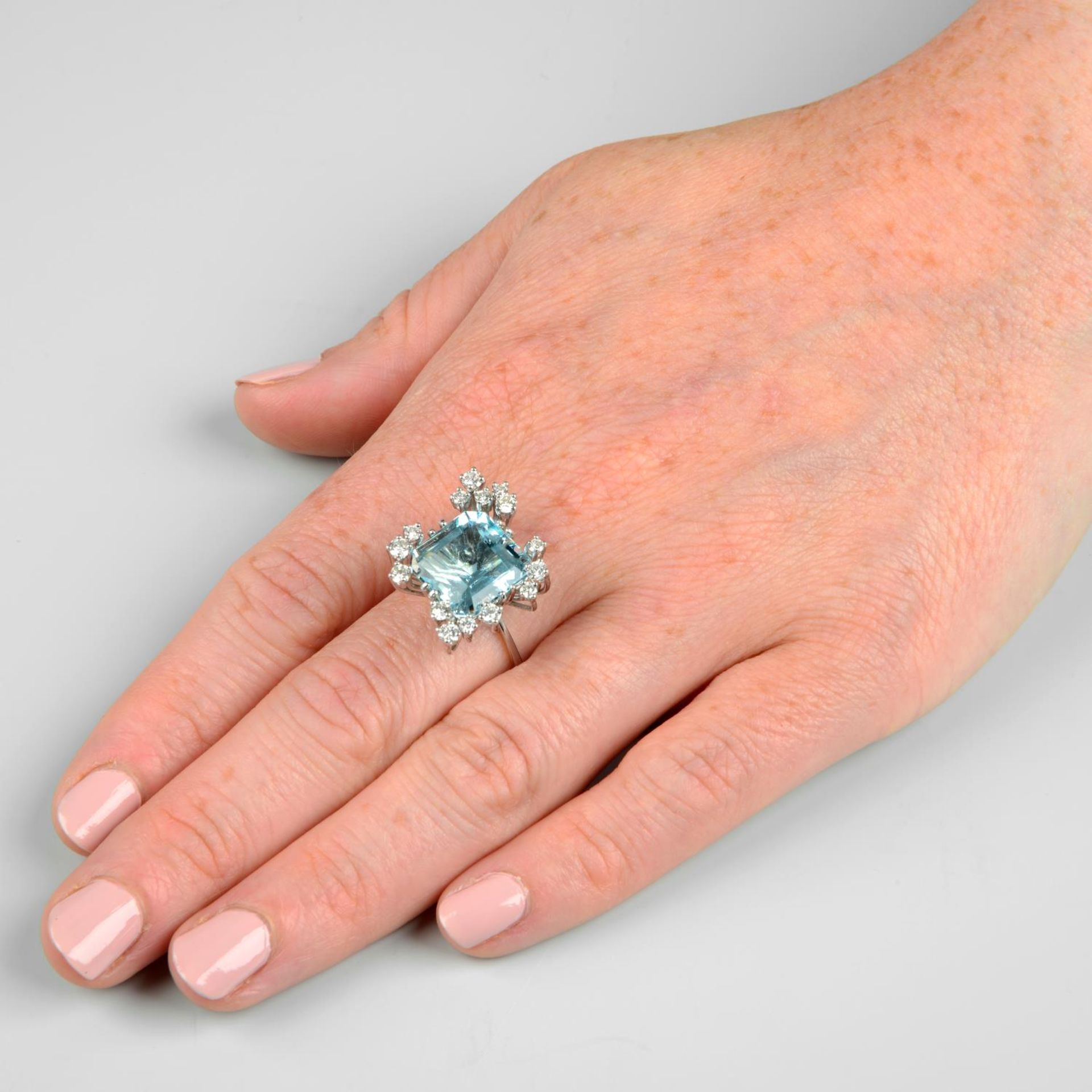 A 1970s 18ct gold aquamarine and diamond cocktail ring.Aquamarine calculated weight 7.20cts, - Image 3 of 6