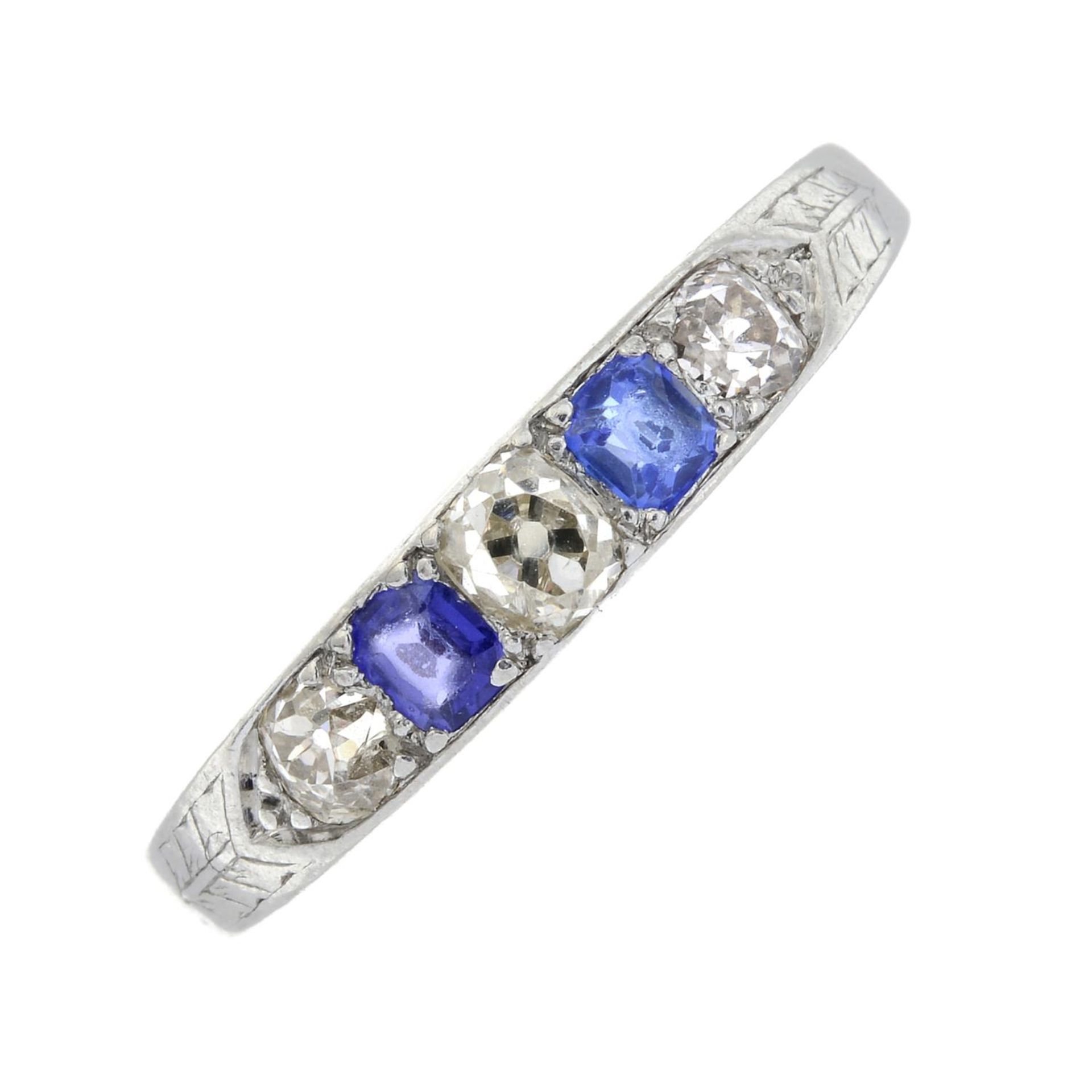 An early 20th century platinum sapphire and old-cut diamond five-stone ring. - Image 2 of 6