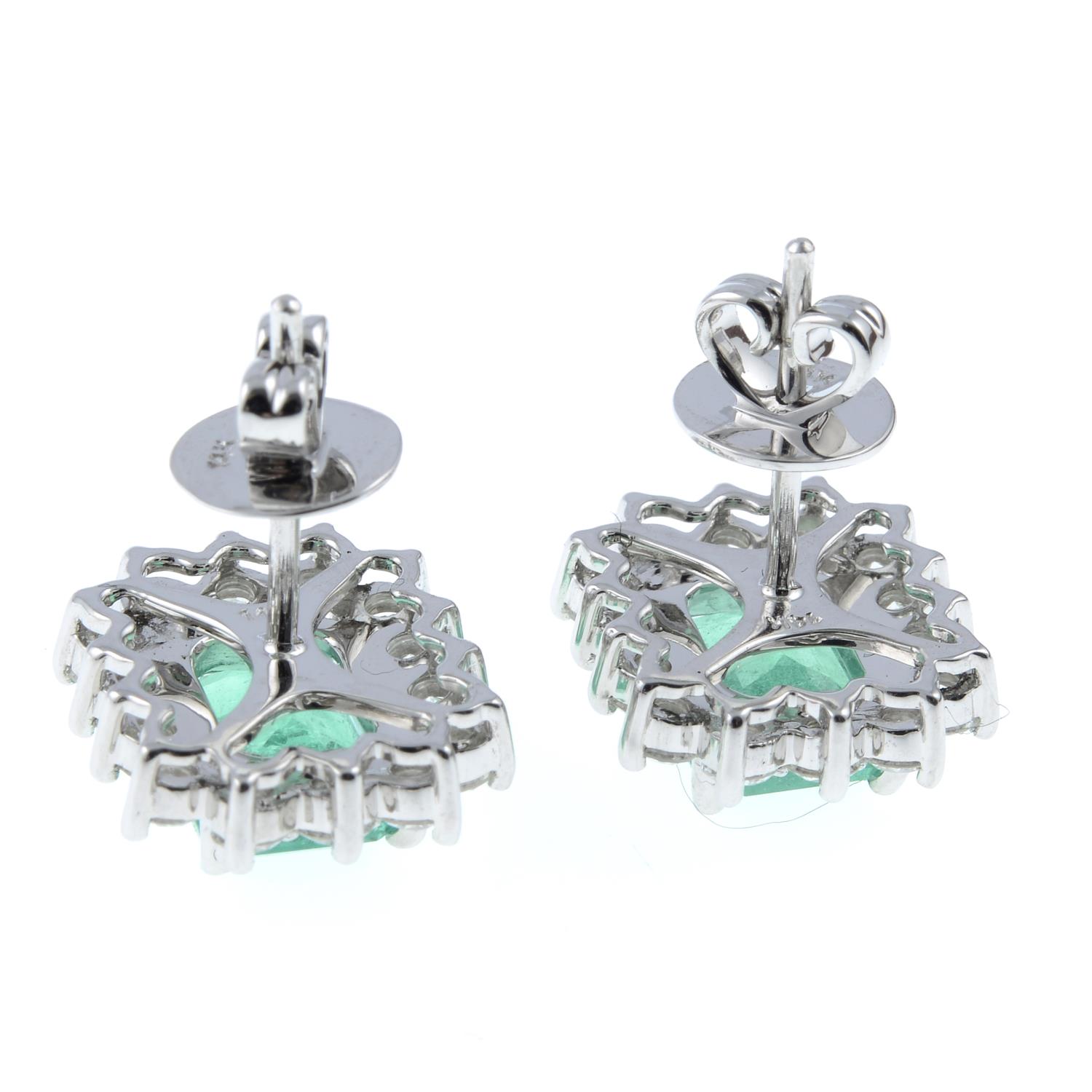 A pair of emerald and diamond cluster earrings.Emerald calculated total weight 3.16cts, - Image 3 of 3