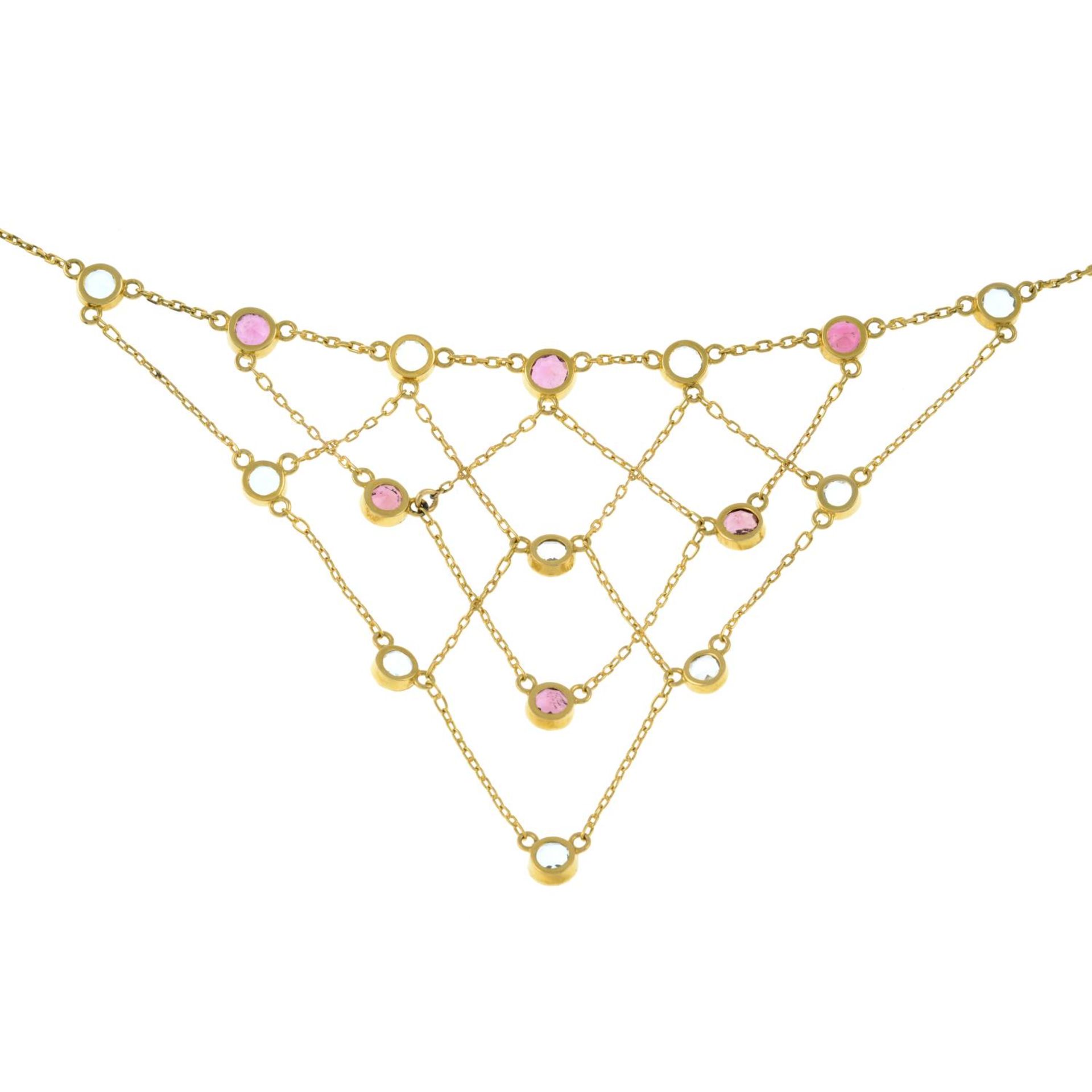 An early 20th century 18ct gold pink tourmaline and aquamarine lattice necklace.Stamped 18. - Image 4 of 5