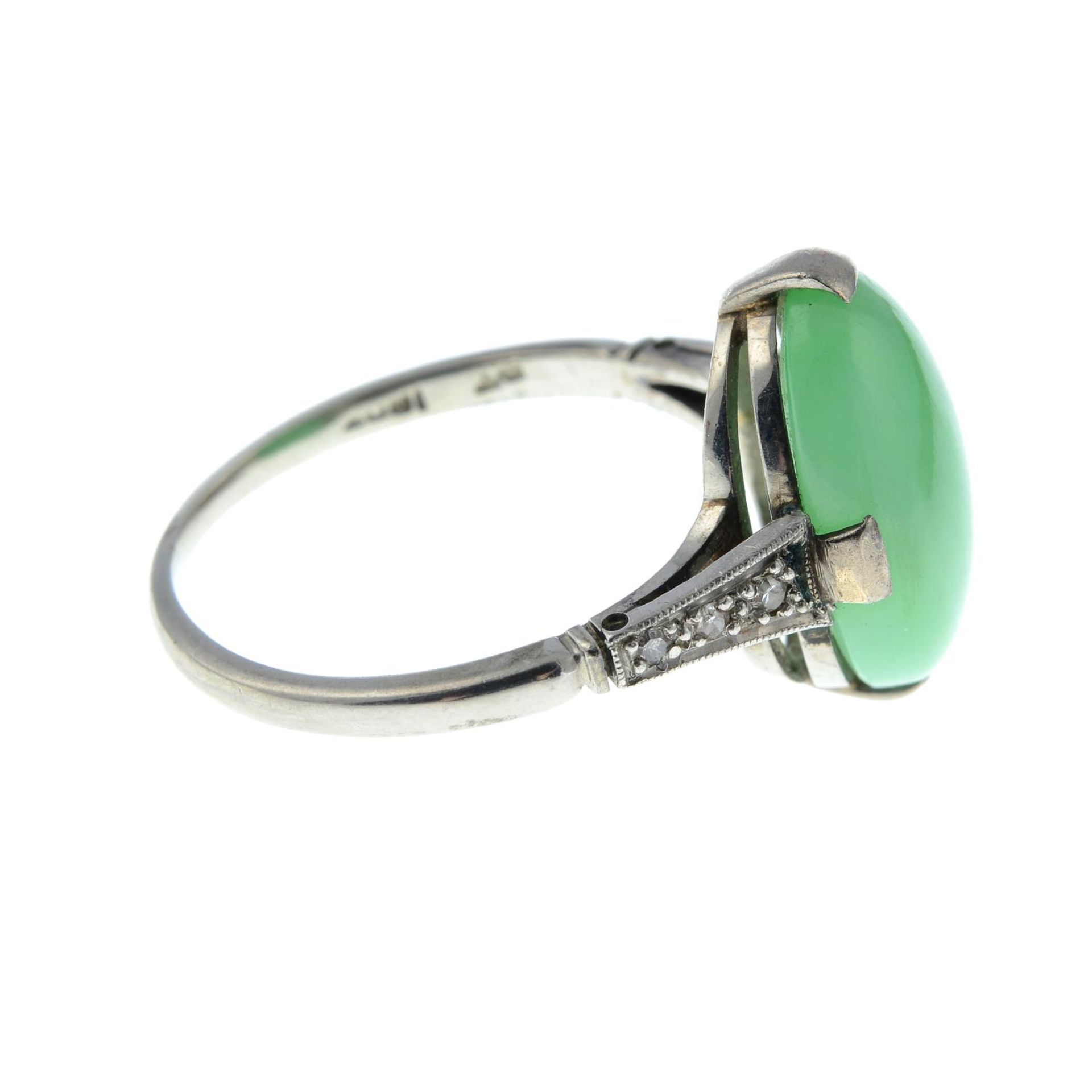 An Art Deco platinum and 18ct gold A-type jade cabochon and diamond ring.Verbal from GCS, - Image 6 of 6