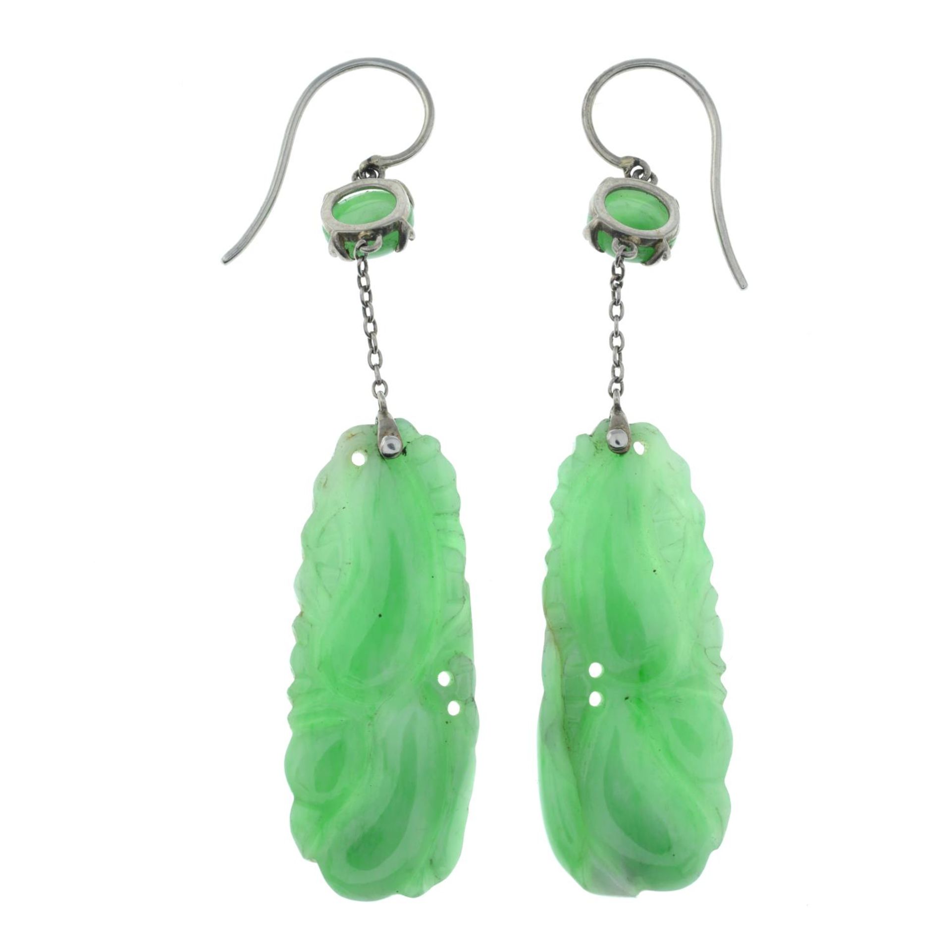 A pair of early 20th century 18ct gold carved A-type jade drop earrings.Verbal from GCS, - Image 3 of 3