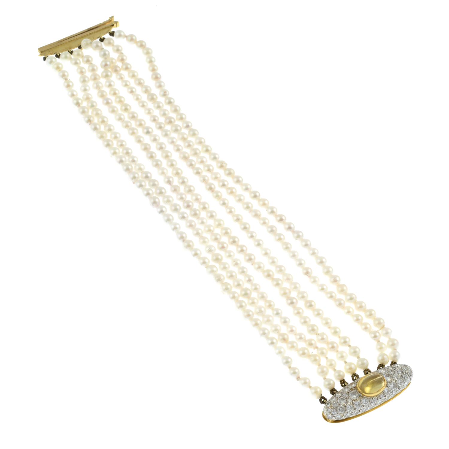 A cultured pearl multi-strand bracelet, with citrine and pavé-set diamond clasp. - Image 3 of 4