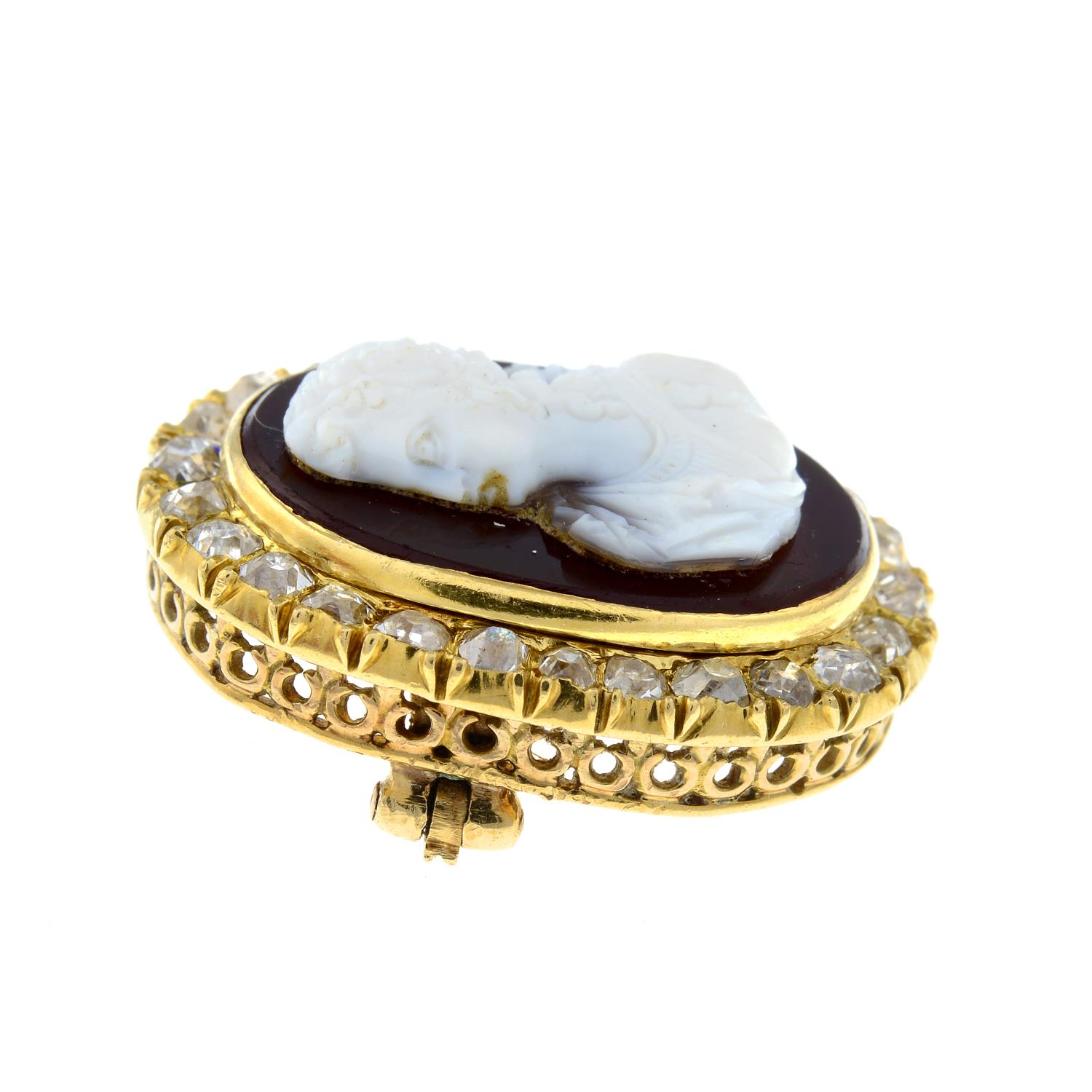 A late 19th century 18ct gold agate cameo and old-cut diamond brooch, depicting a lady in profile. - Image 5 of 5