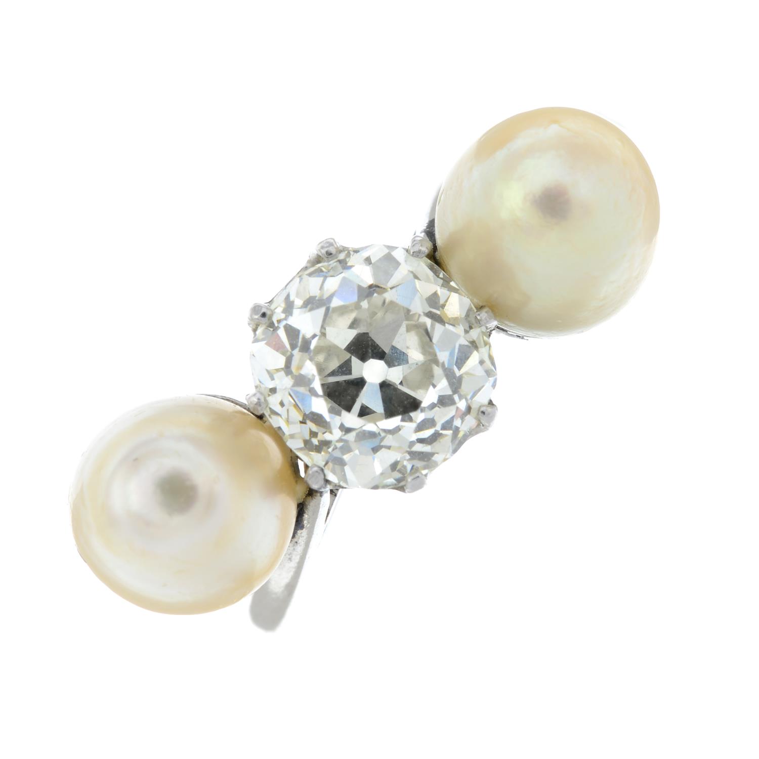 A mid 20th century platinum old-cut diamond and pearl three-stone ring. - Image 2 of 6