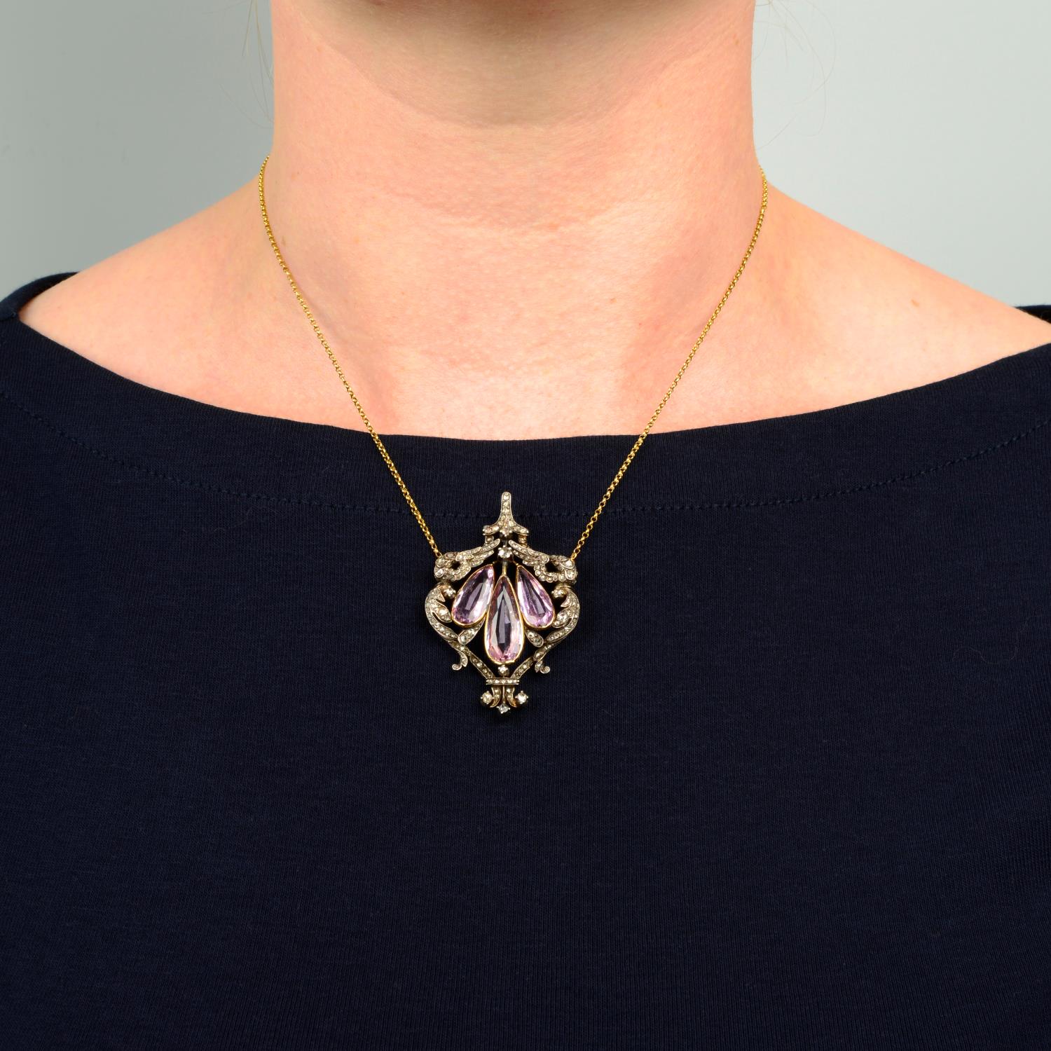 A 19th century silver and gold, pink topaz and diamond pendant, on chain. - Image 3 of 5