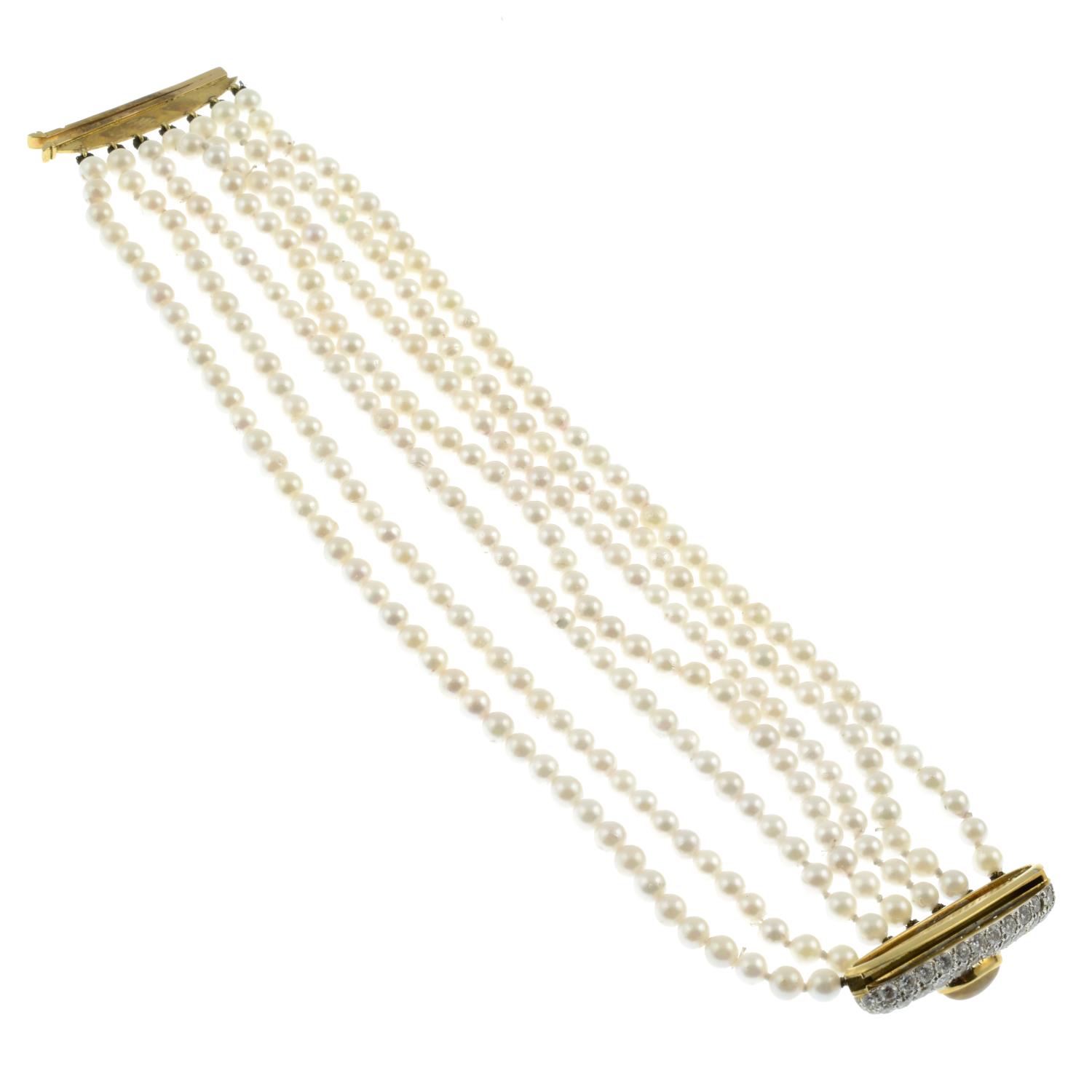 A cultured pearl multi-strand bracelet, with citrine and pavé-set diamond clasp. - Image 4 of 4