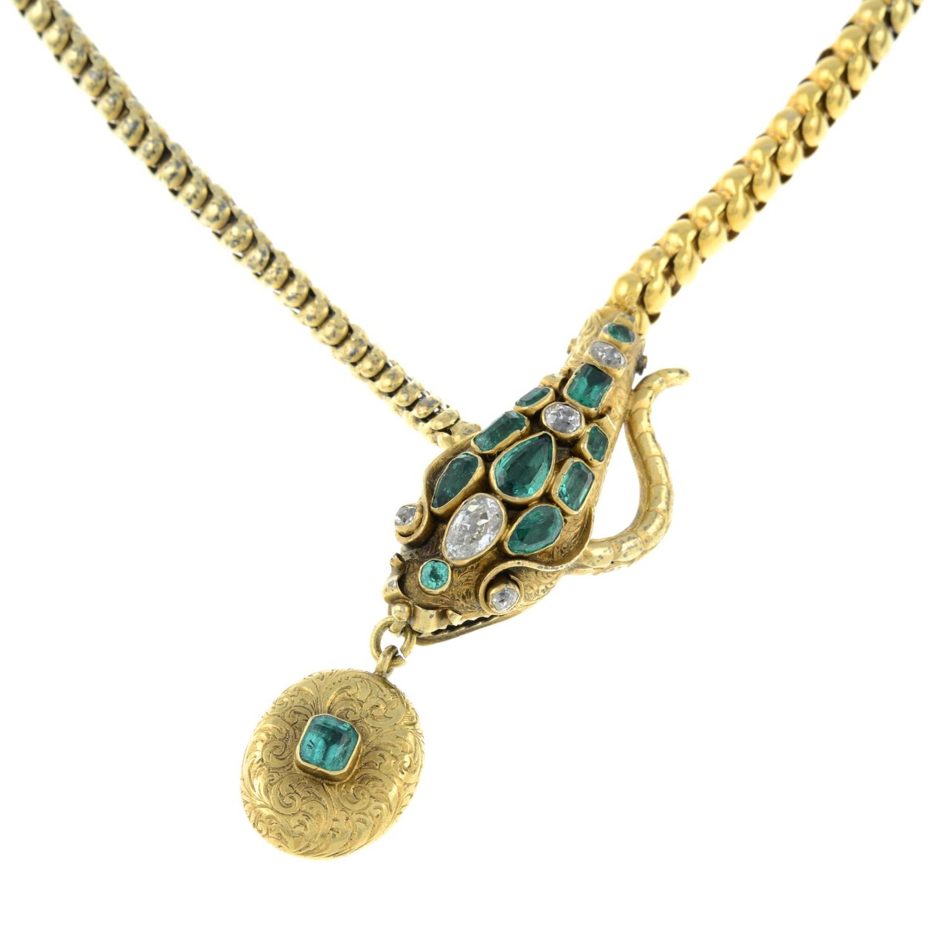 A mid 19th century gold emerald and diamond snake necklace.Estimated total diamond weight 0.50ct, - Image 2 of 5