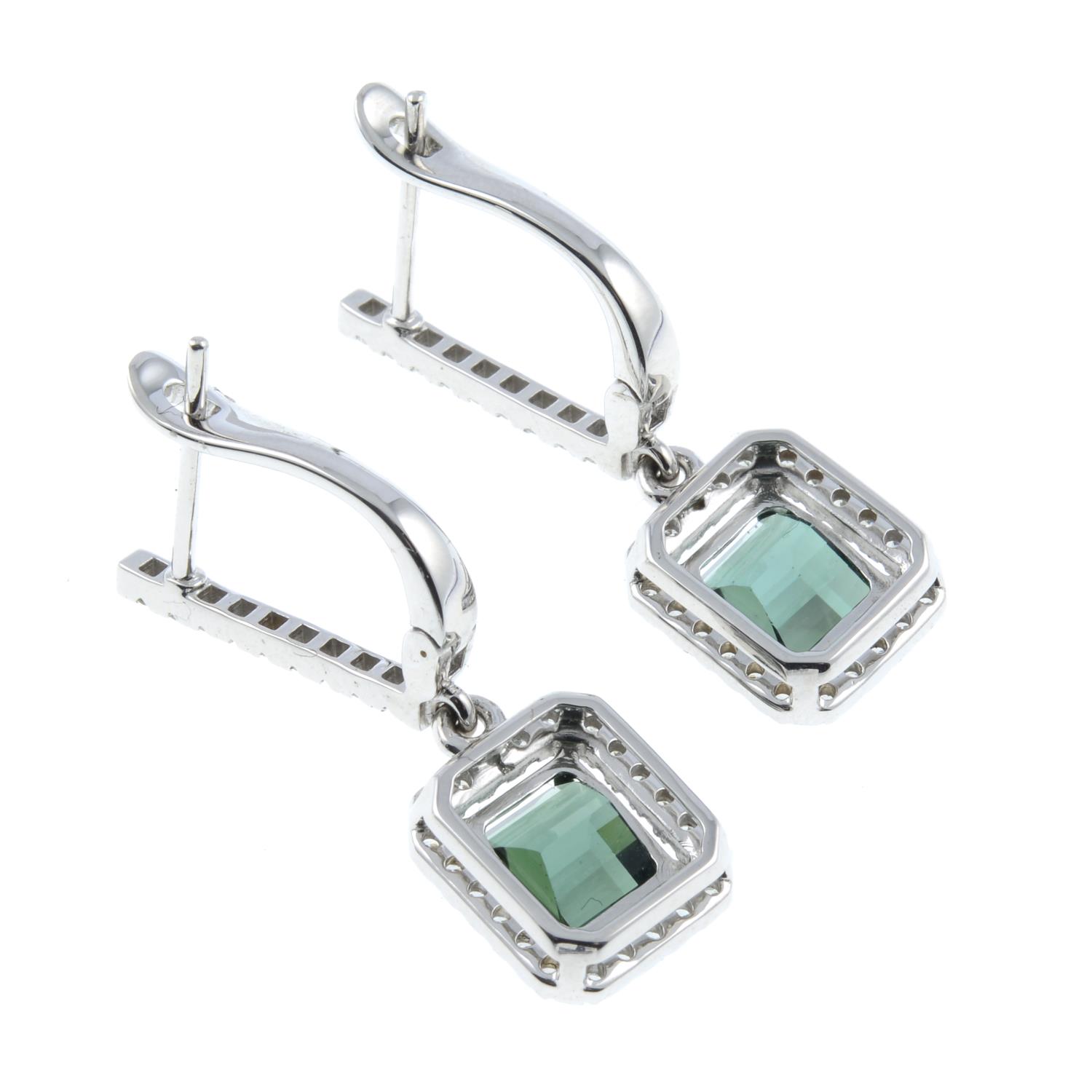 A pair of green tourmaline and diamond drop earrings.Tourmaline calculated total weight 3.91cts, - Image 3 of 3