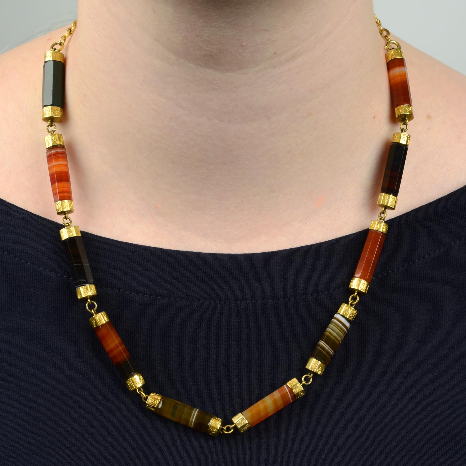 A late Victorian banded agate and bloodstone necklace, with later 9ct gold back chain.