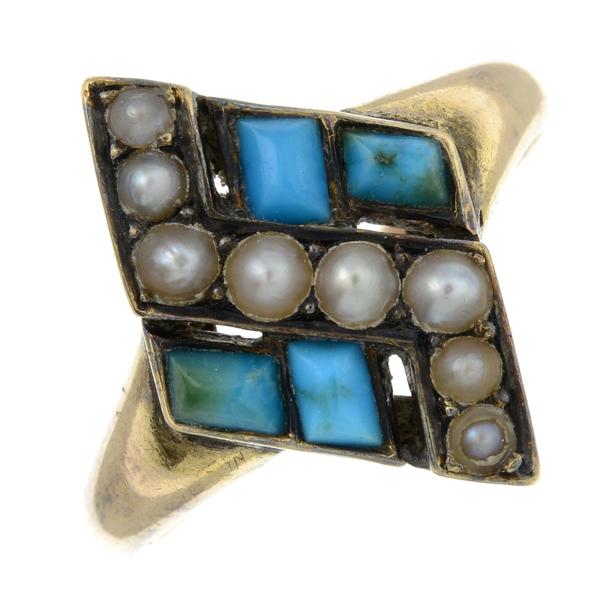 A late Victorian 15ct gold turquoise and split pearl ring.Ring size P. - Image 2 of 6