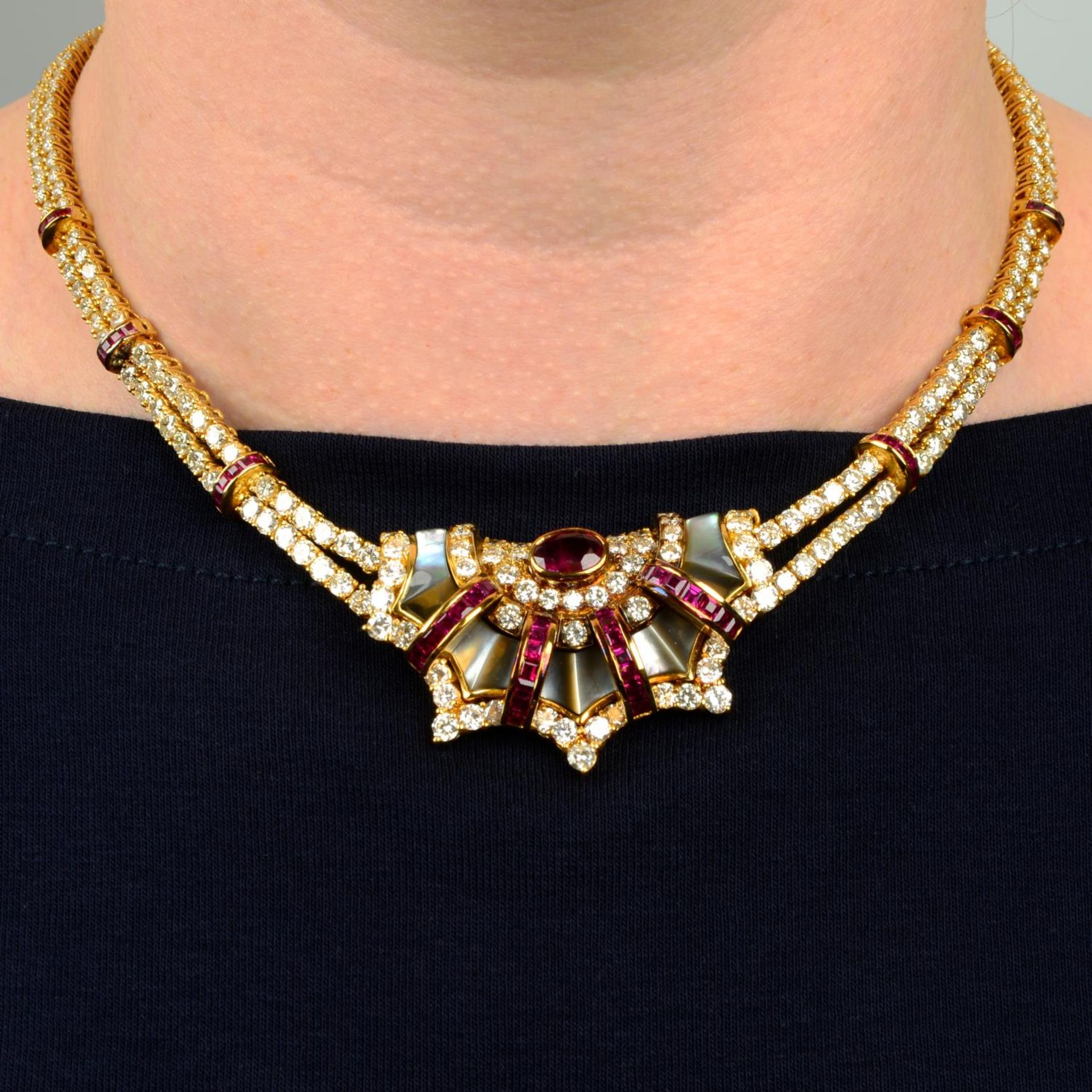 A diamond, ruby and grey mother-of pearl necklace,