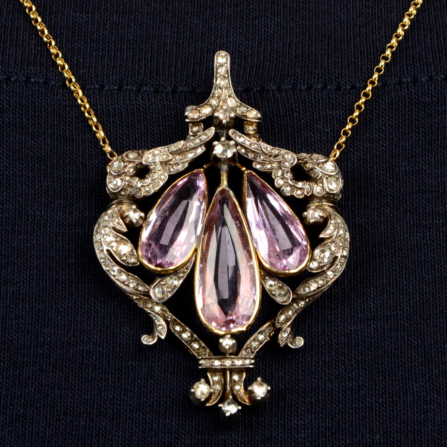 A 19th century silver and gold, pink topaz and diamond pendant, on chain.