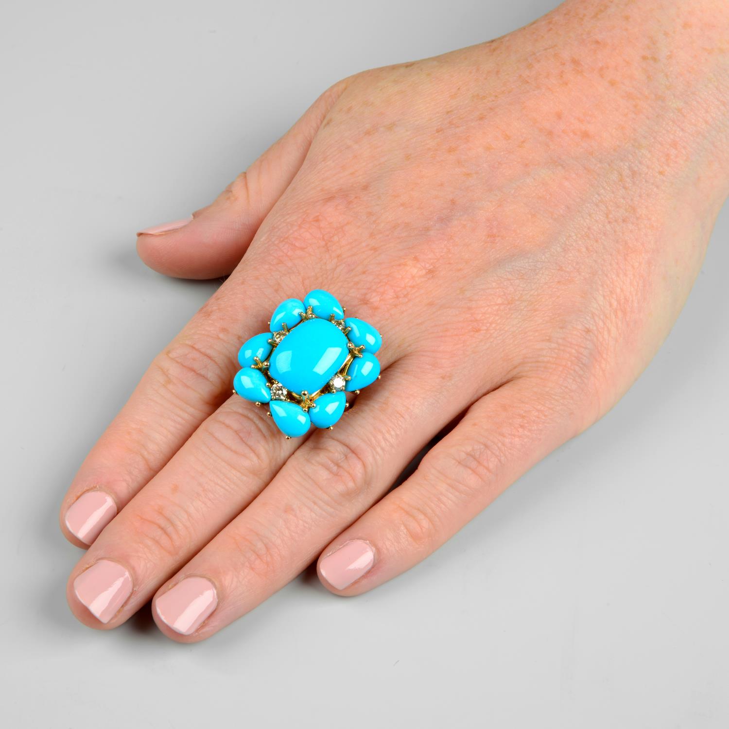 A turquoise and brilliant-cut 'brown' diamond ring, - Image 3 of 6