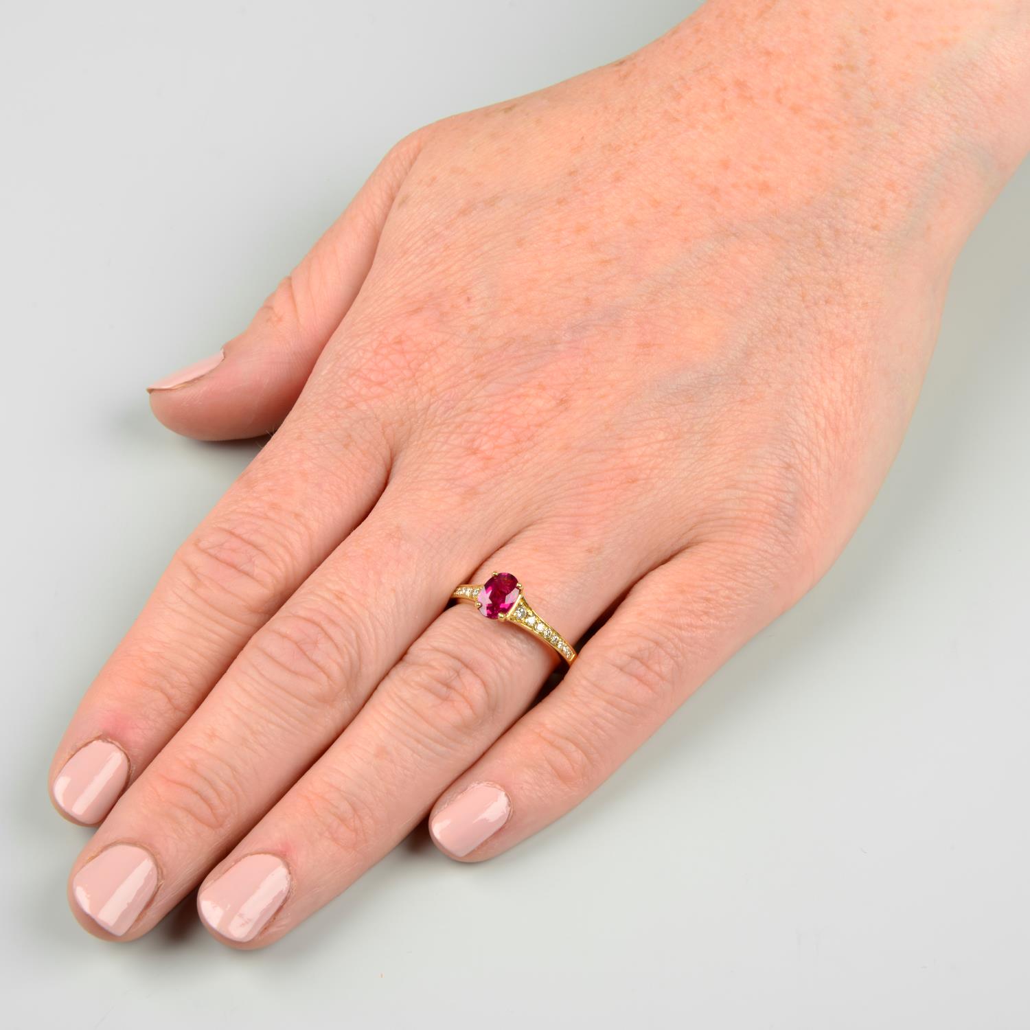 An 18ct gold ruby single-stone ring, with diamond shoulders. - Image 3 of 6