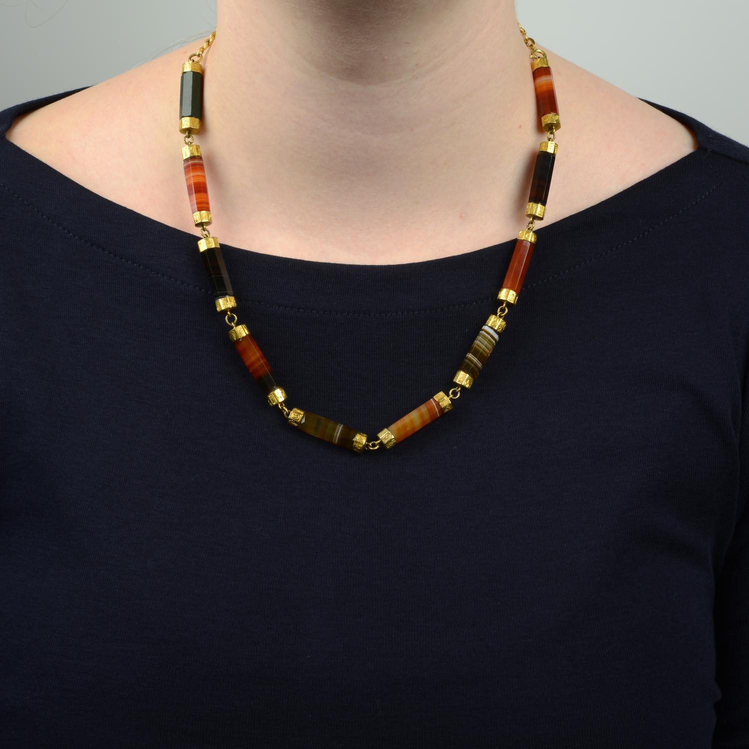 A late Victorian banded agate and bloodstone necklace, with later 9ct gold back chain. - Image 3 of 5