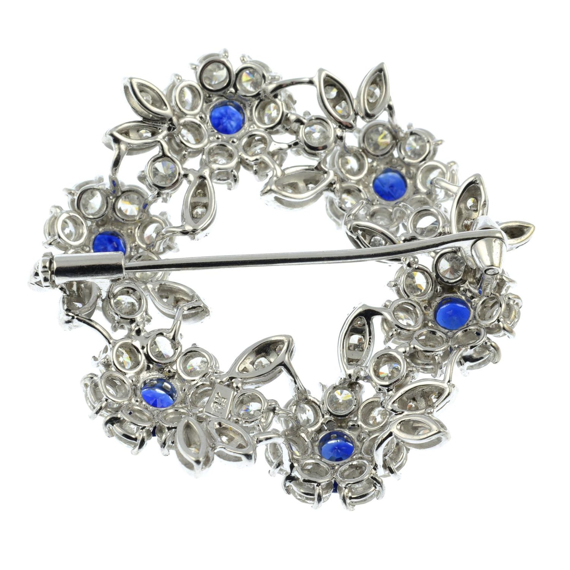 A mid 20th century 18ct gold sapphire and diamond floral wreath brooch.Estimated total sapphire - Image 4 of 4