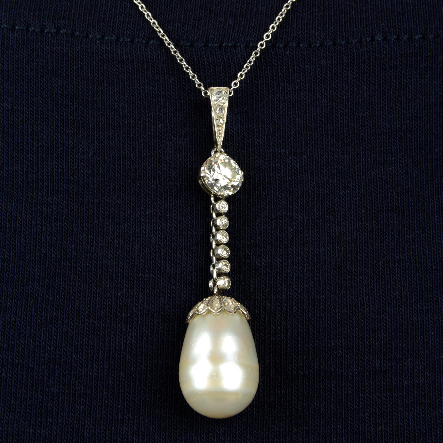 A natural pearl and diamond drop pendant,