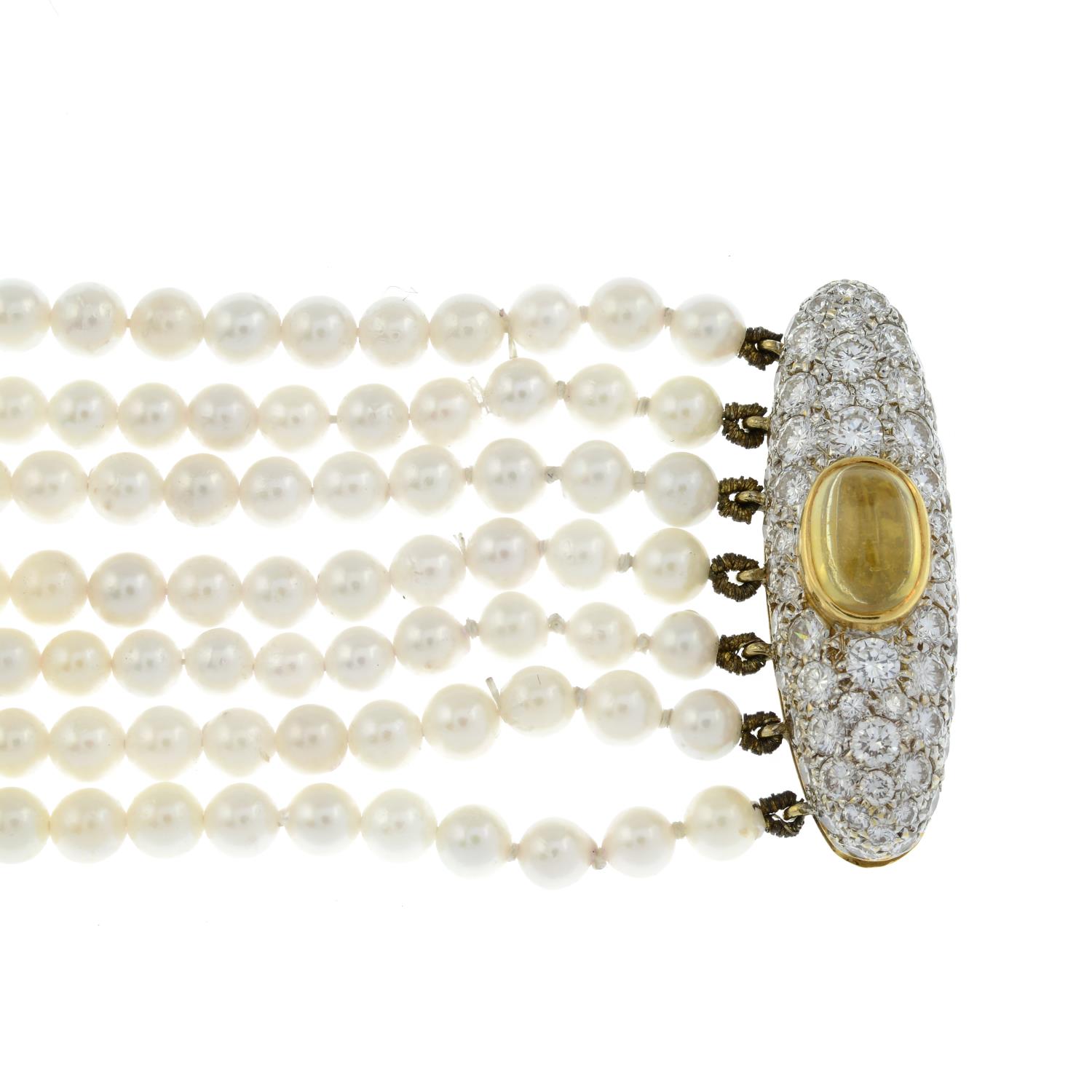 A cultured pearl multi-strand bracelet, with citrine and pavé-set diamond clasp. - Image 2 of 4