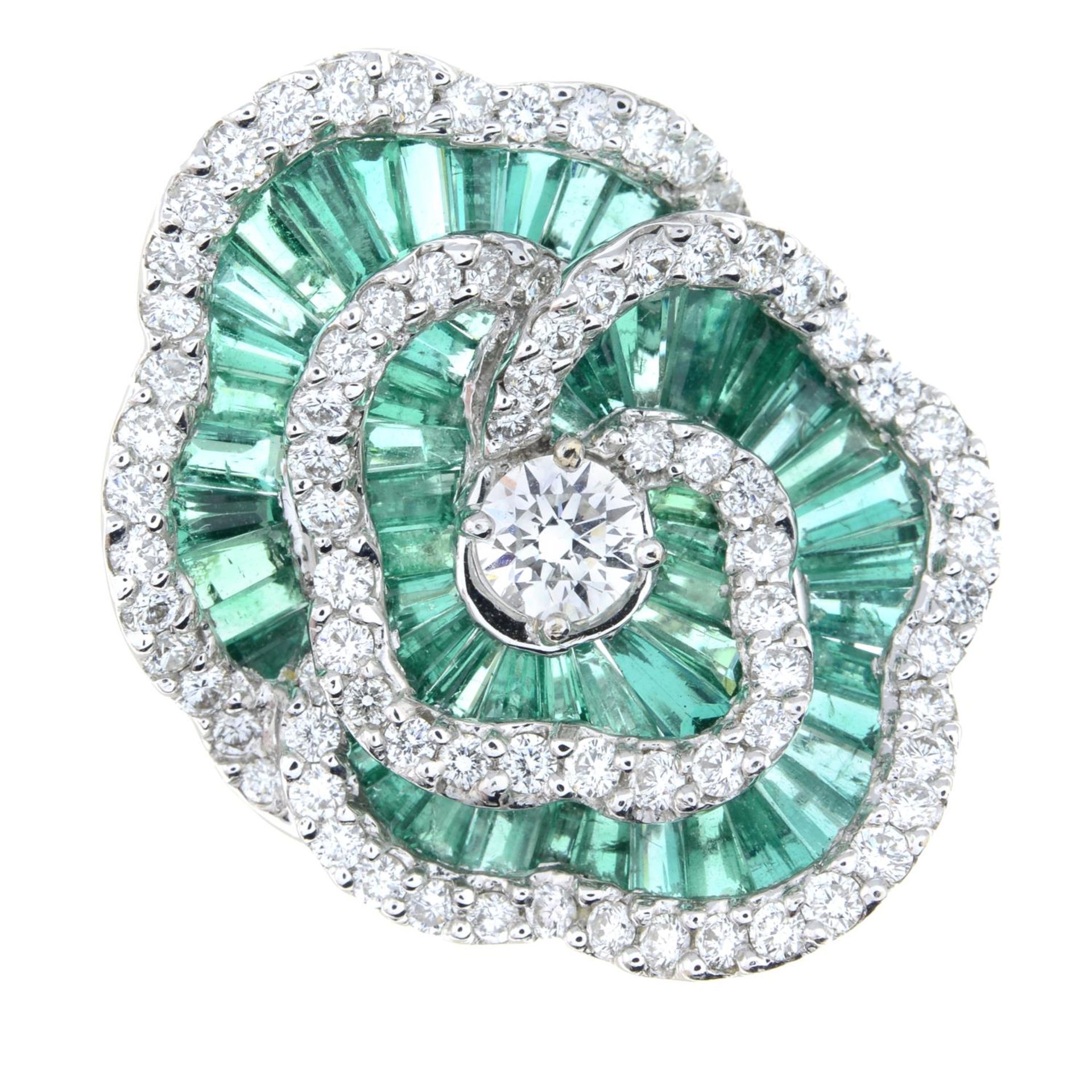 An emerald and diamond floral cocktail ring. - Image 2 of 6