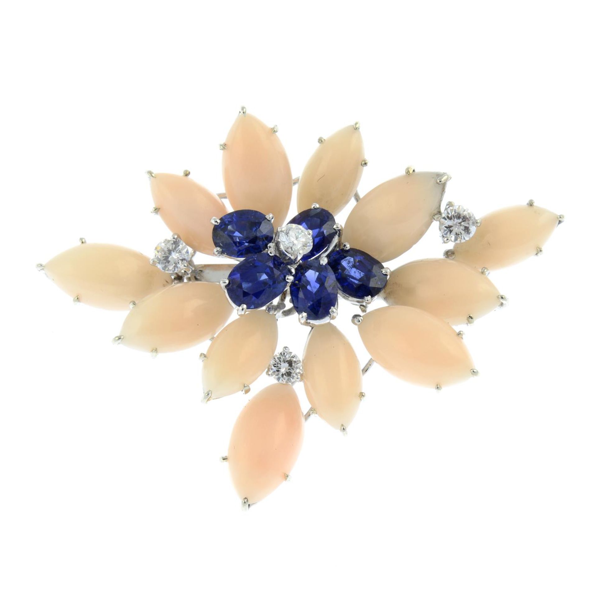 An 18ct gold Burmese sapphire, coral and diamond brooch, by Cartier. - Image 2 of 4