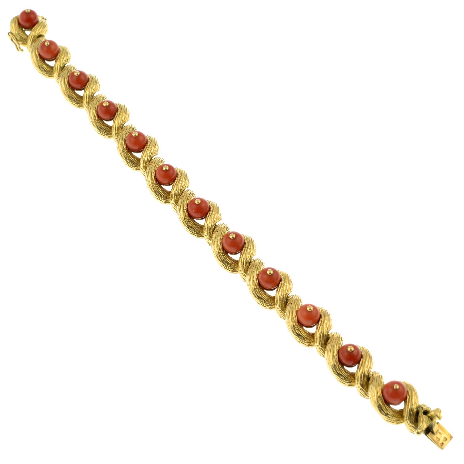 A mid 20th century 18ct gold coral and textured gold bracelet, by Cartier.Stamped 18Kts. - Image 3 of 4