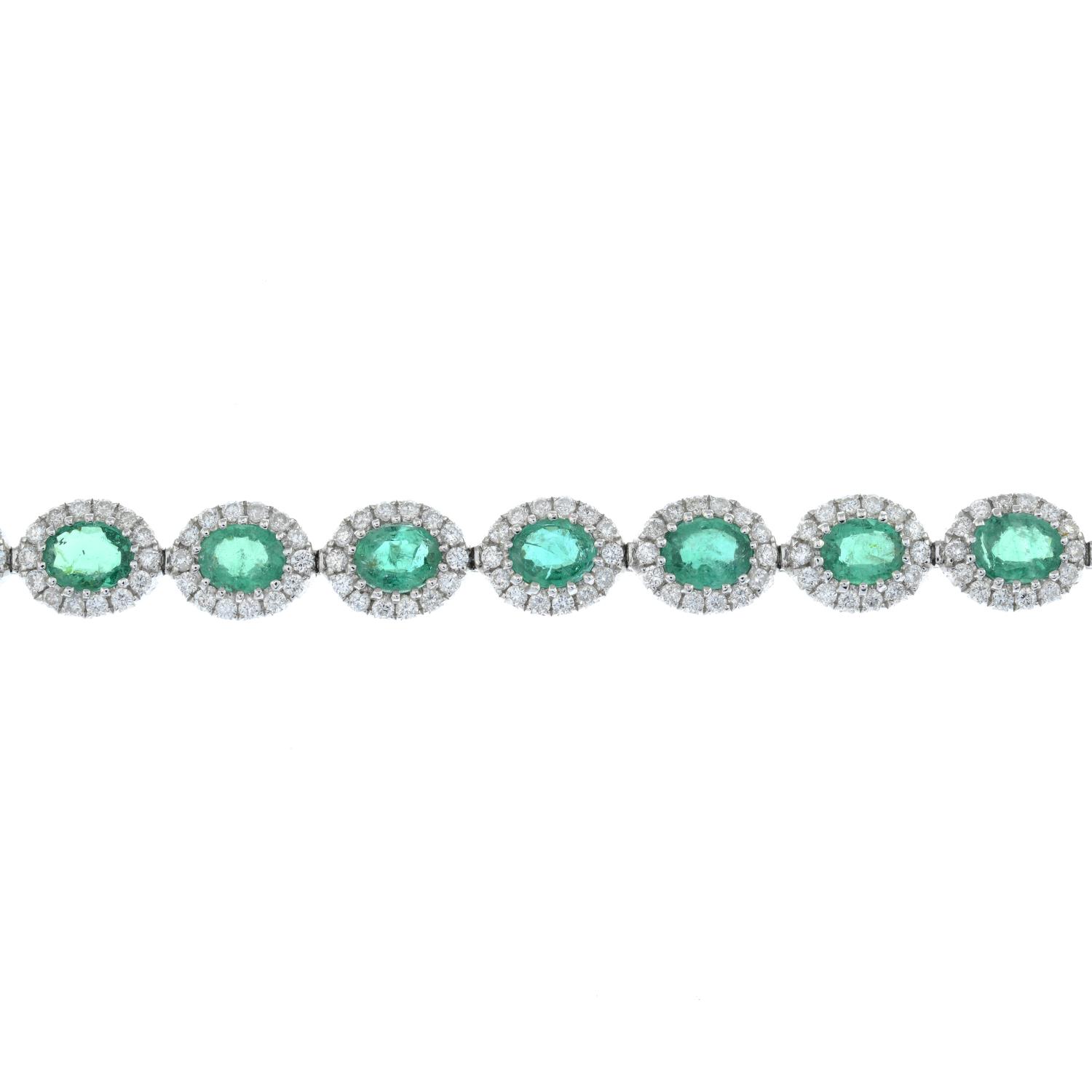 An 18ct gold emerald and diamond cluster link bracelet.Total emerald weight 6.23cts.Total diamond - Image 2 of 4