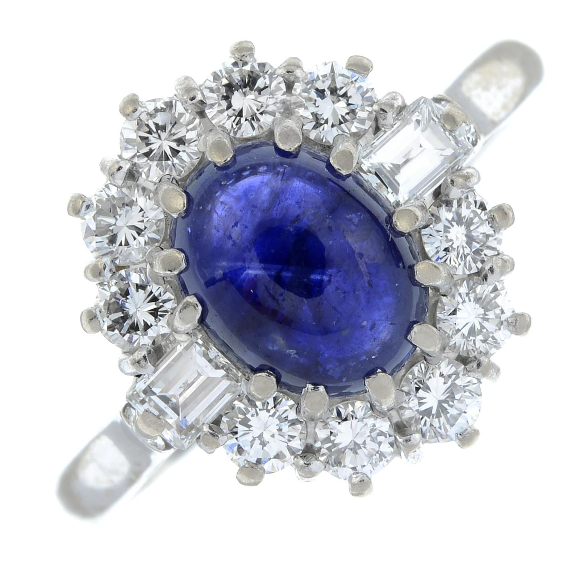 An 18ct gold sapphire cabochon and vari-cut diamond ring.Sapphire calculated weight 1.89cts, - Bild 2 aus 6