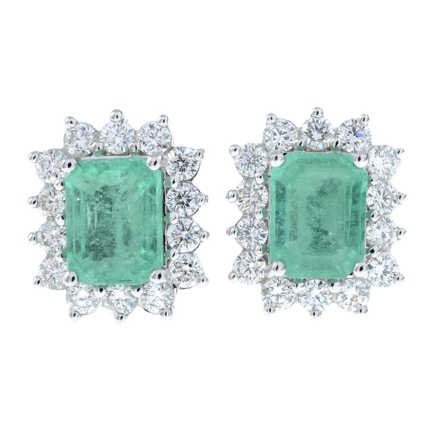 A pair of emerald and diamond cluster earrings.Emerald calculated total weight 3.16cts, - Image 2 of 3