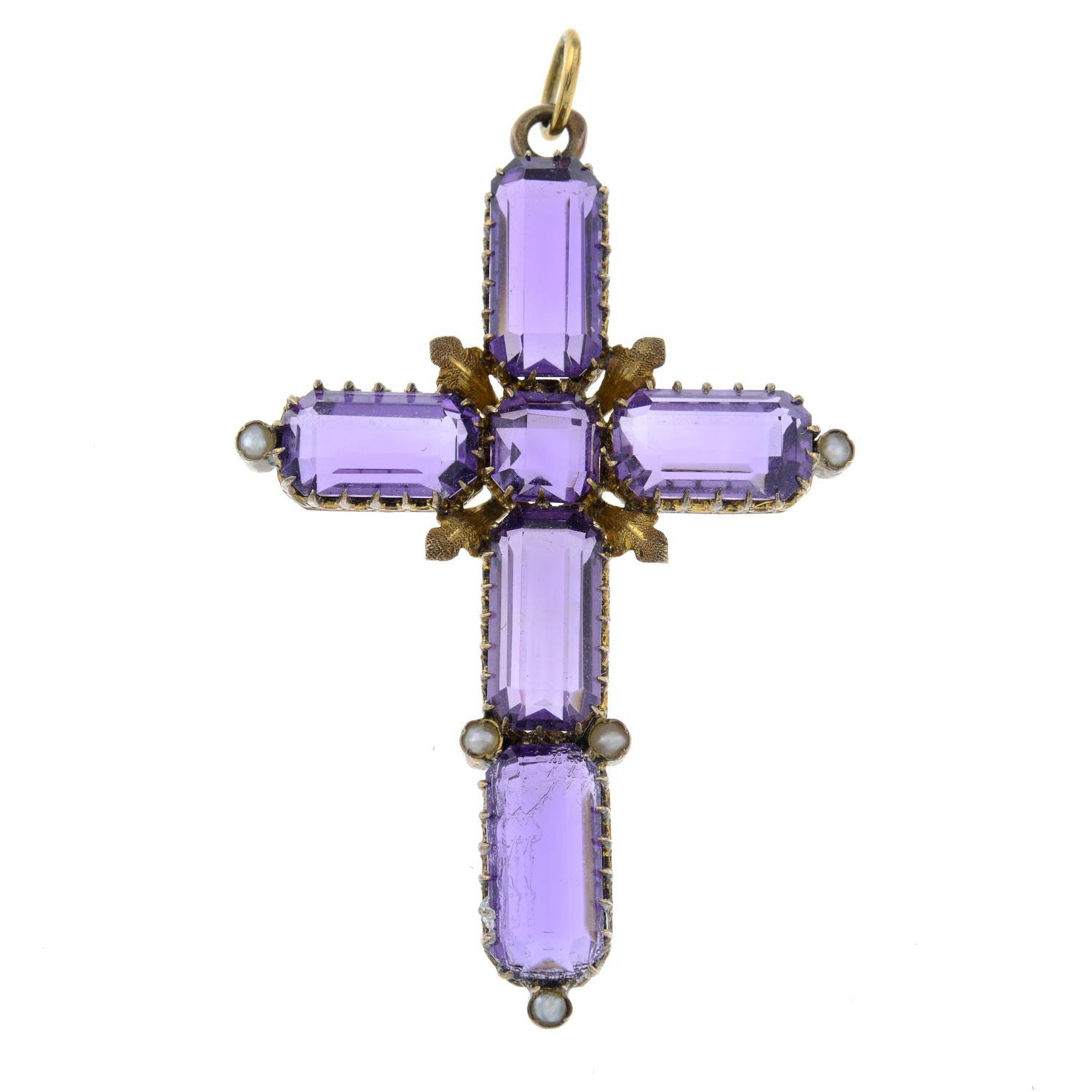 A late 19th century gold amethyst and split pearl cross pendant.Austrian marks, indistinct. - Image 2 of 4