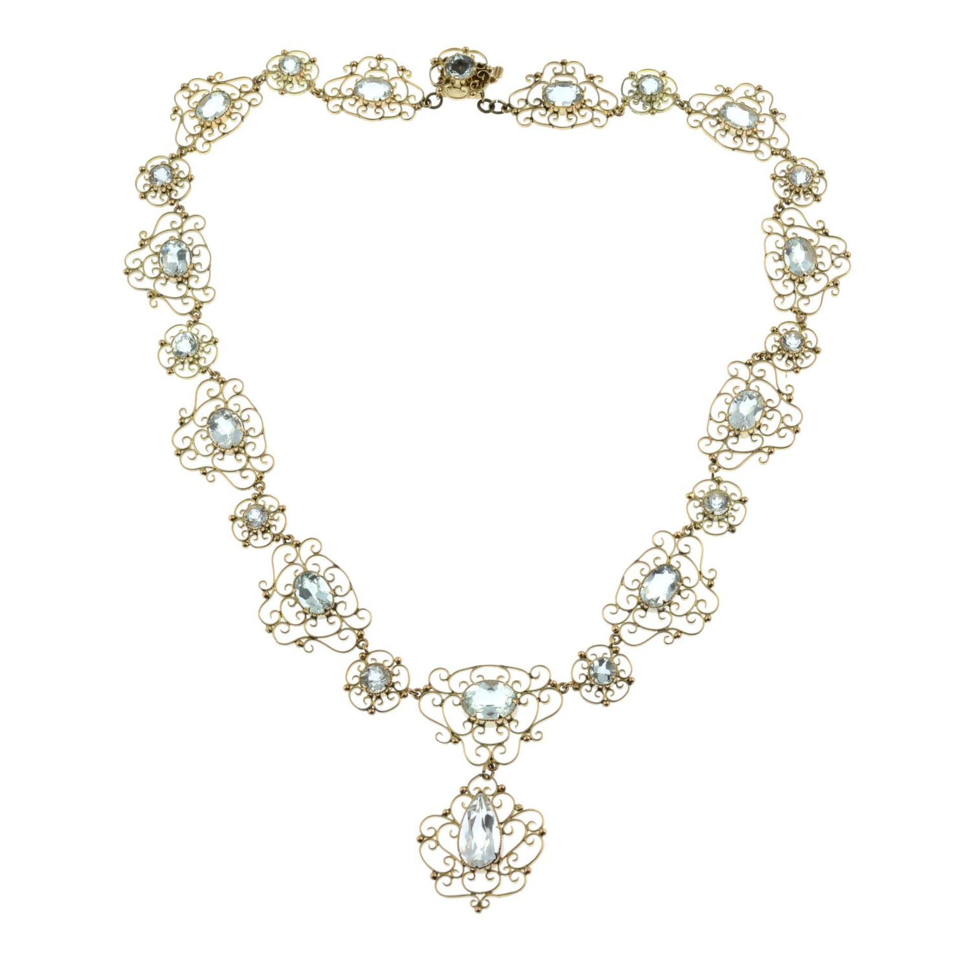 An early 20th century Arts & Crafts gold aquamarine necklace.Length 43.5cms. - Image 4 of 6