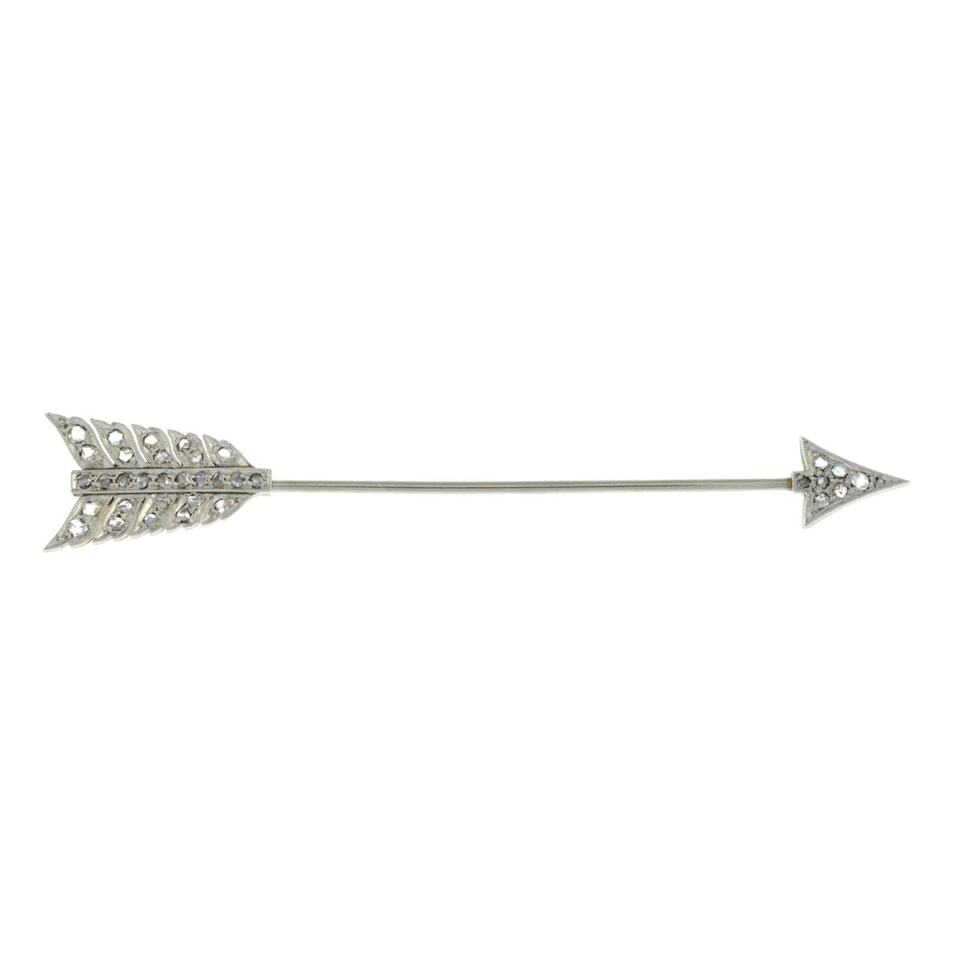 An early 20th century platinum and gold, rose-cut diamond arrow jabot pin.Length 7.6cms. - Image 2 of 4