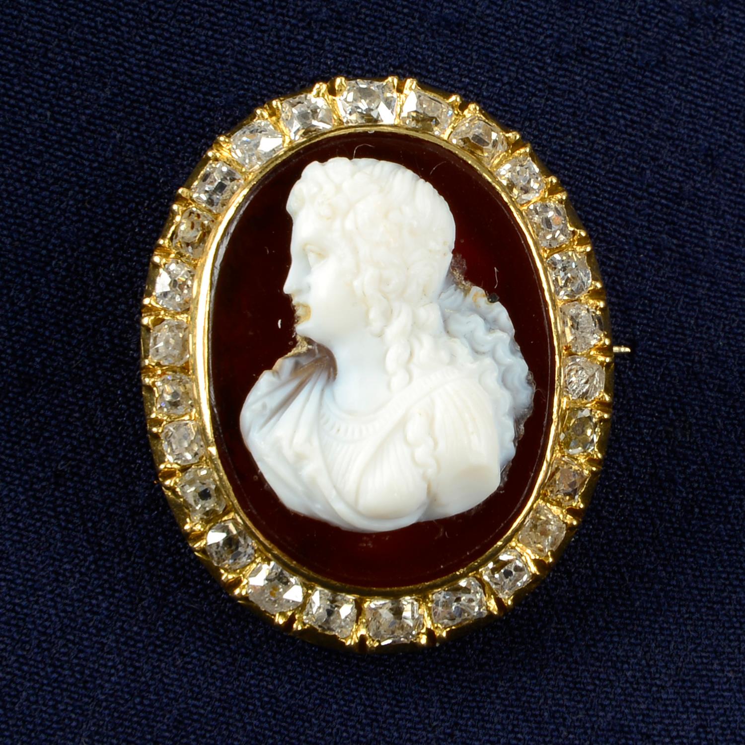 A late 19th century 18ct gold agate cameo and old-cut diamond brooch, depicting a lady in profile.