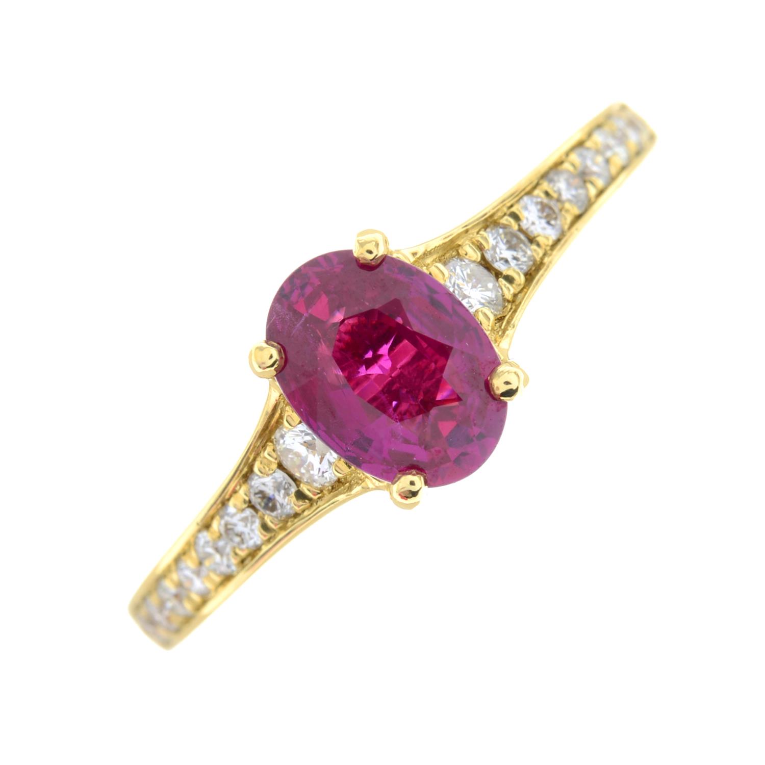 An 18ct gold ruby single-stone ring, with diamond shoulders. - Image 2 of 6