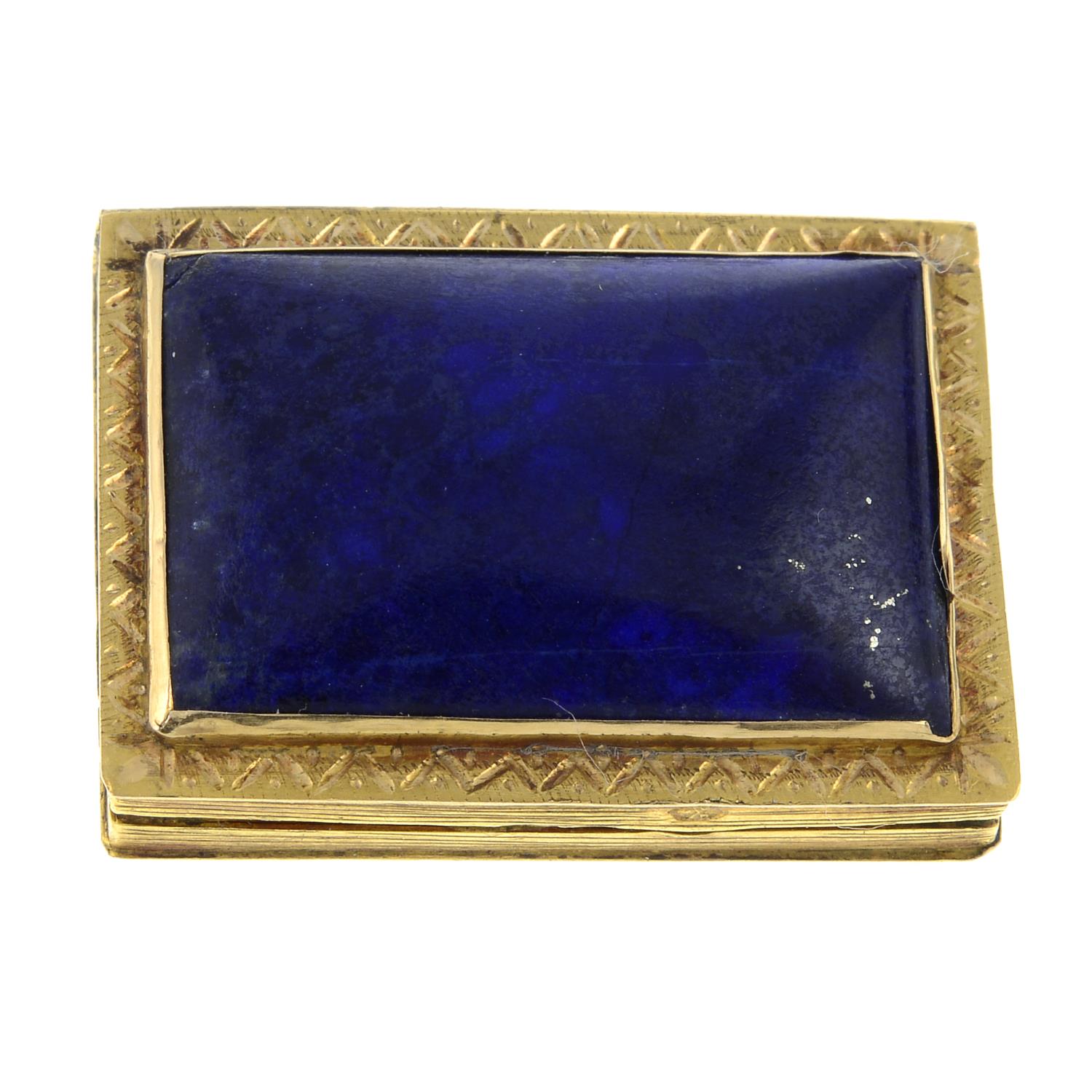 A 19th century gold lapis lazuli vinaigrette, with pierced floral grille.Length 2.6cms. - Image 2 of 4