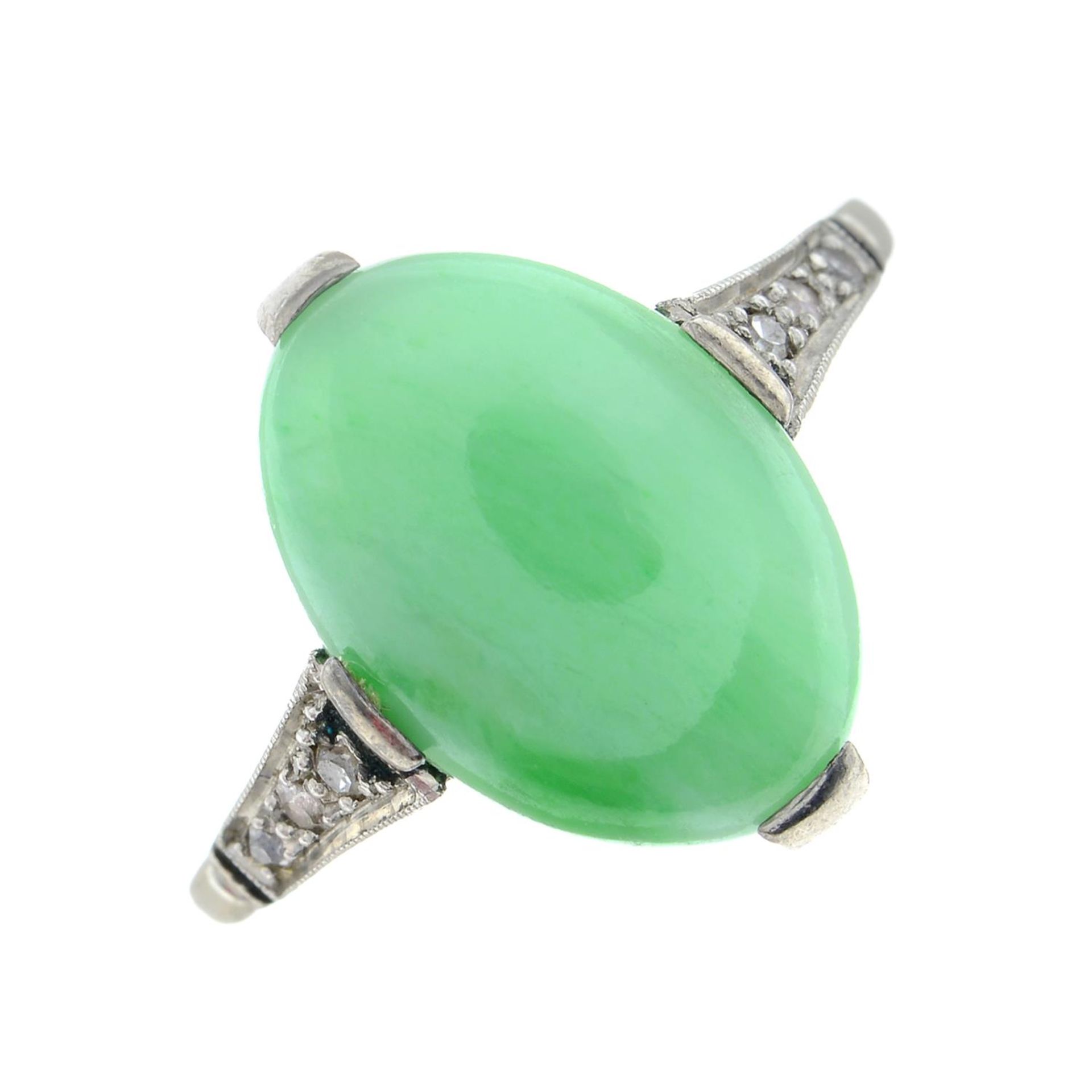 An Art Deco platinum and 18ct gold A-type jade cabochon and diamond ring.Verbal from GCS, - Image 2 of 6