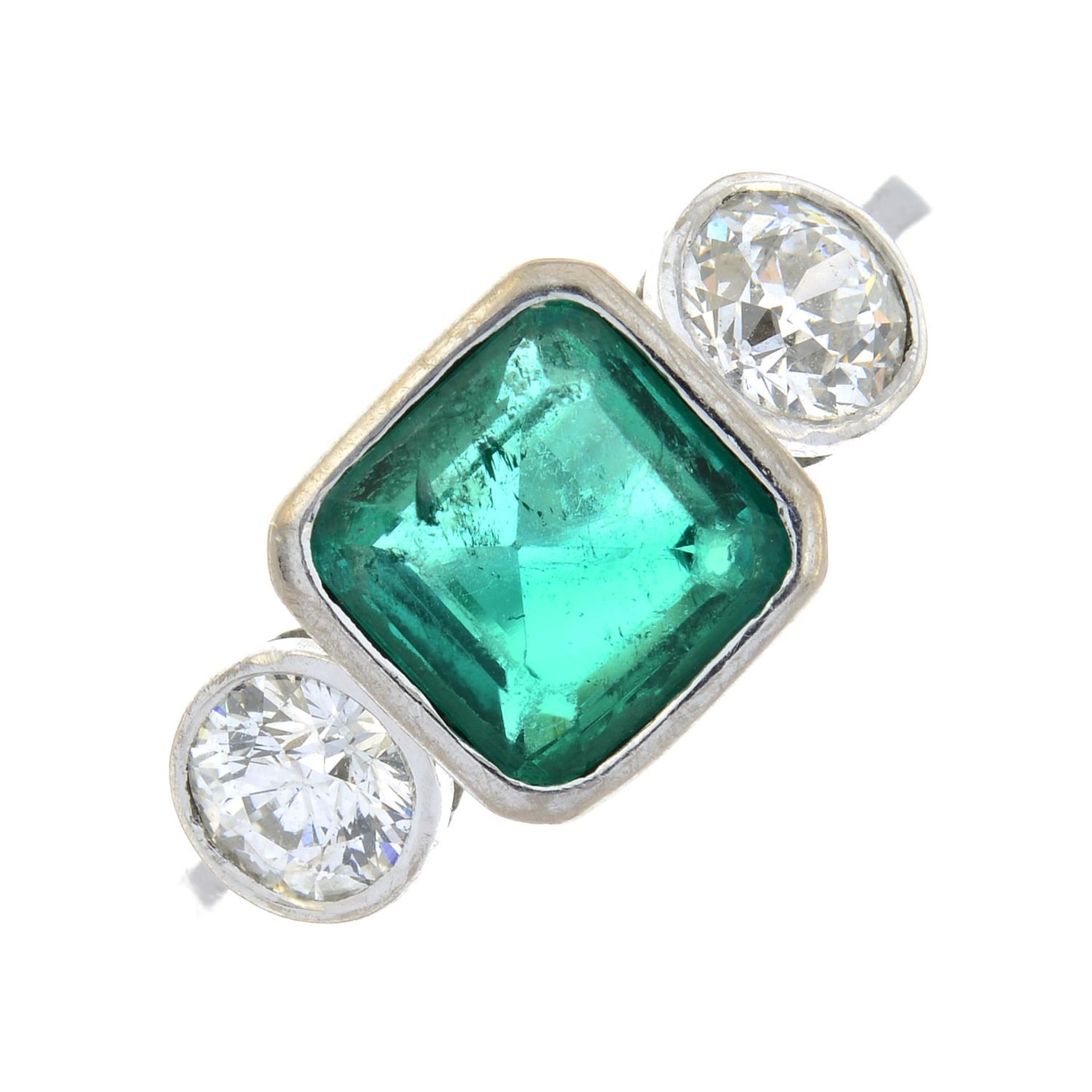 An 18ct gold emerald and old-cut diamond three-stone ring.Emerald calculated weight 1.04cts, - Image 2 of 6