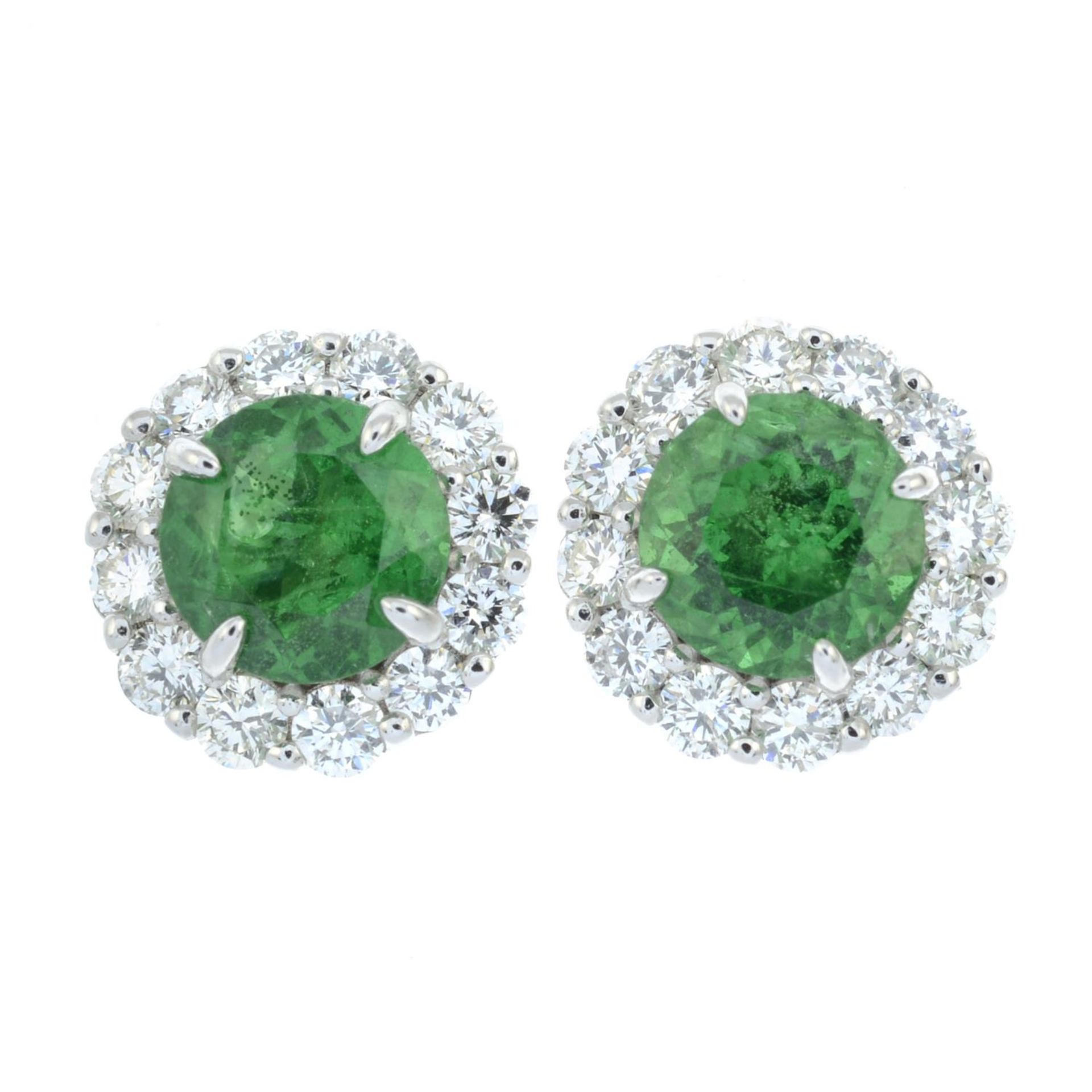 A pair of tsavorite garnet and brilliant-cut diamond cluster earrings.Estimated total diamond - Image 2 of 3