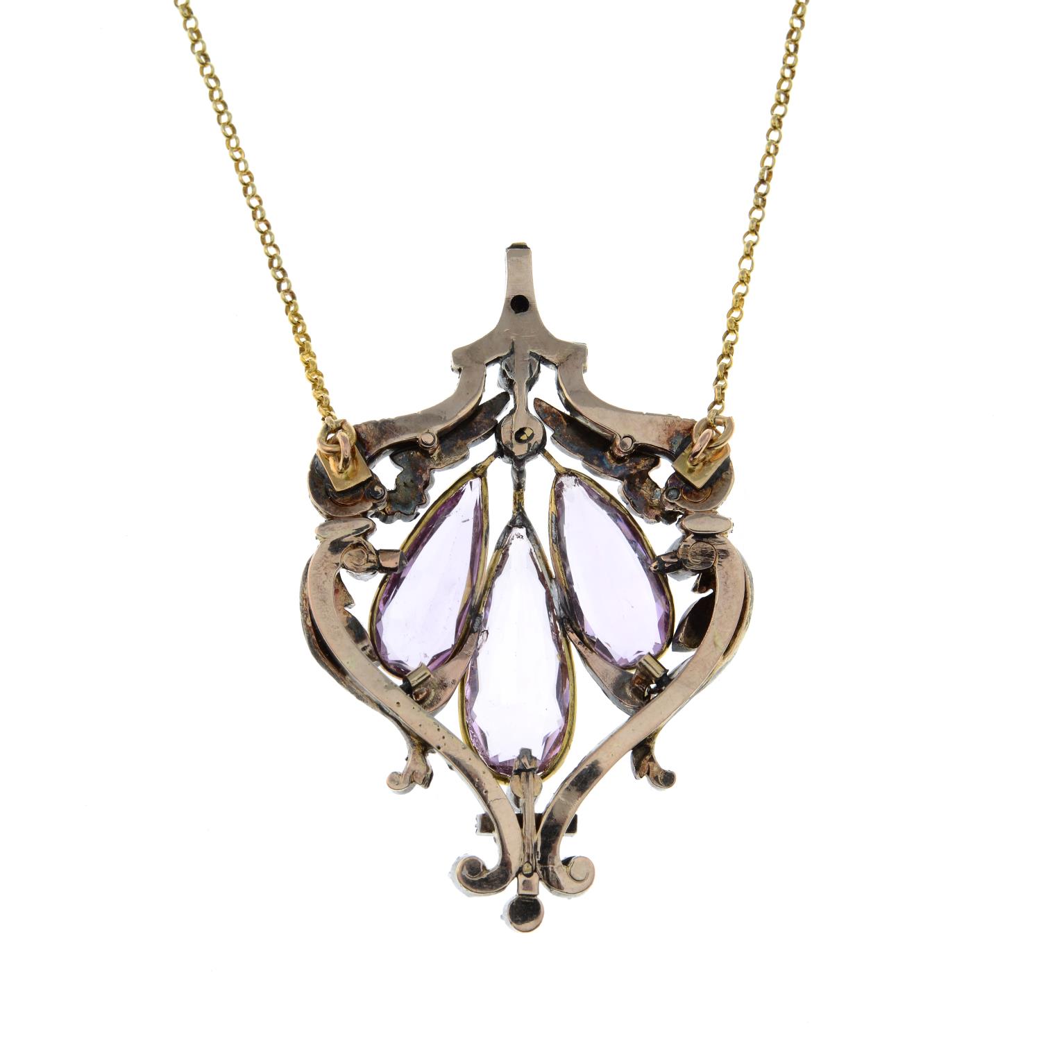 A 19th century silver and gold, pink topaz and diamond pendant, on chain. - Image 5 of 5