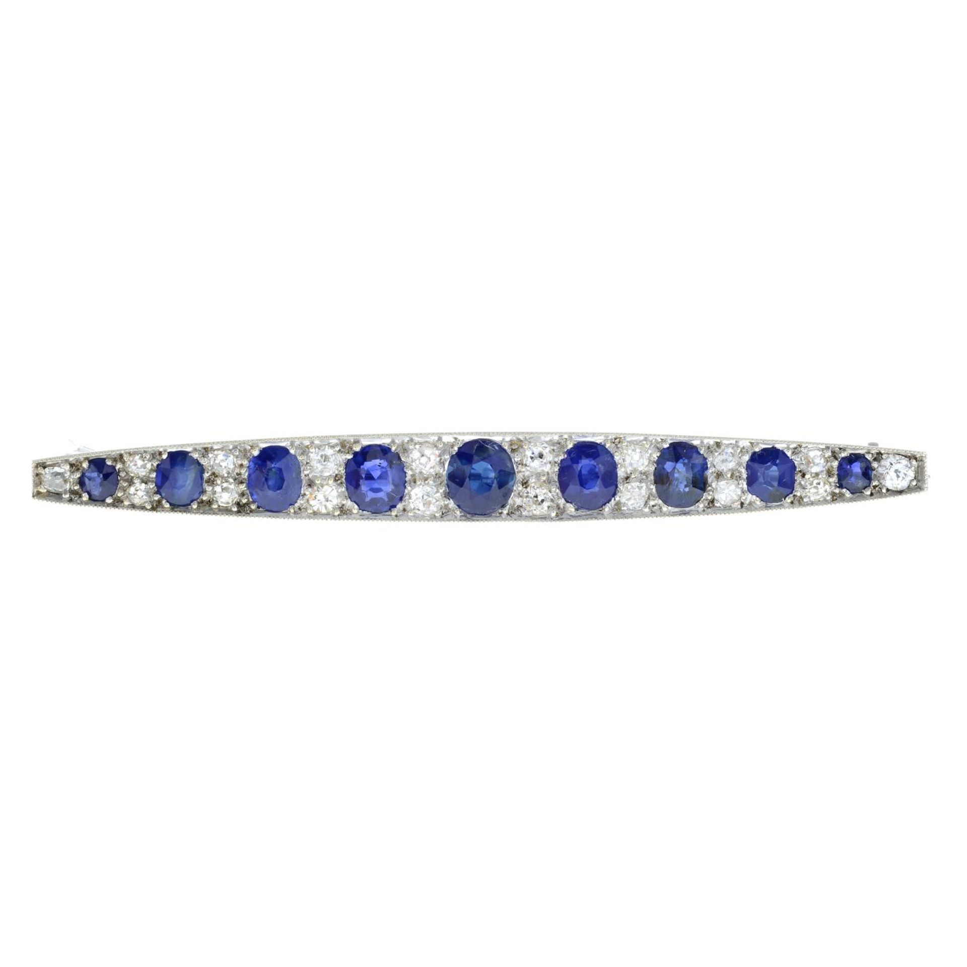 An early 20th century gold sapphire and old-cut diamond bar brooch.Central sapphire calculated - Image 2 of 4