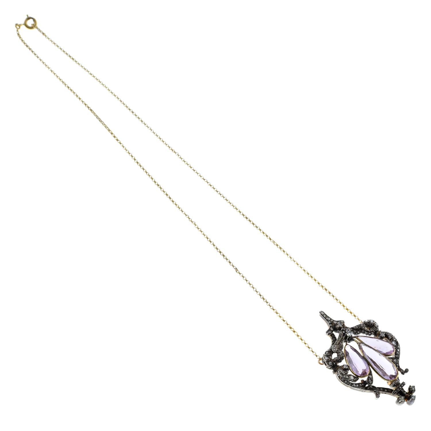 A 19th century silver and gold, pink topaz and diamond pendant, on chain. - Image 4 of 5