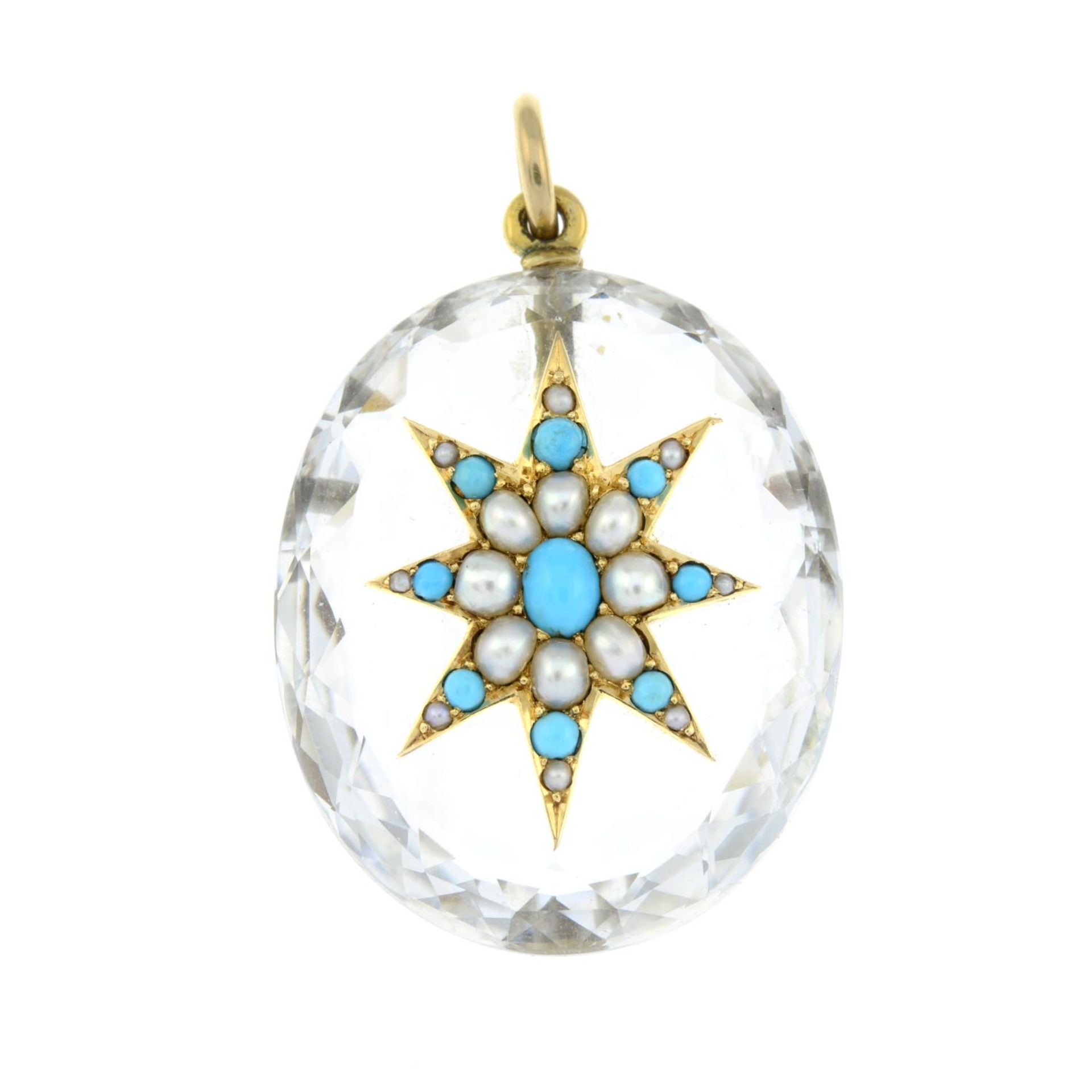 A Victorian 15ct gold rock crystal, turquoise and split pearl star pendant.Length 4.7cms. - Image 2 of 4