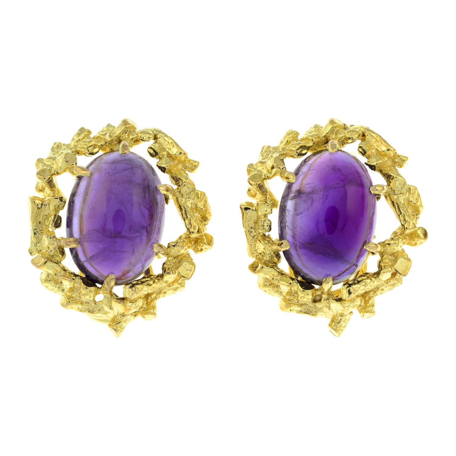 A pair of 9ct gold amethyst cabochon textured abstract earrings.Hallmarks for London, 1971. - Image 2 of 3