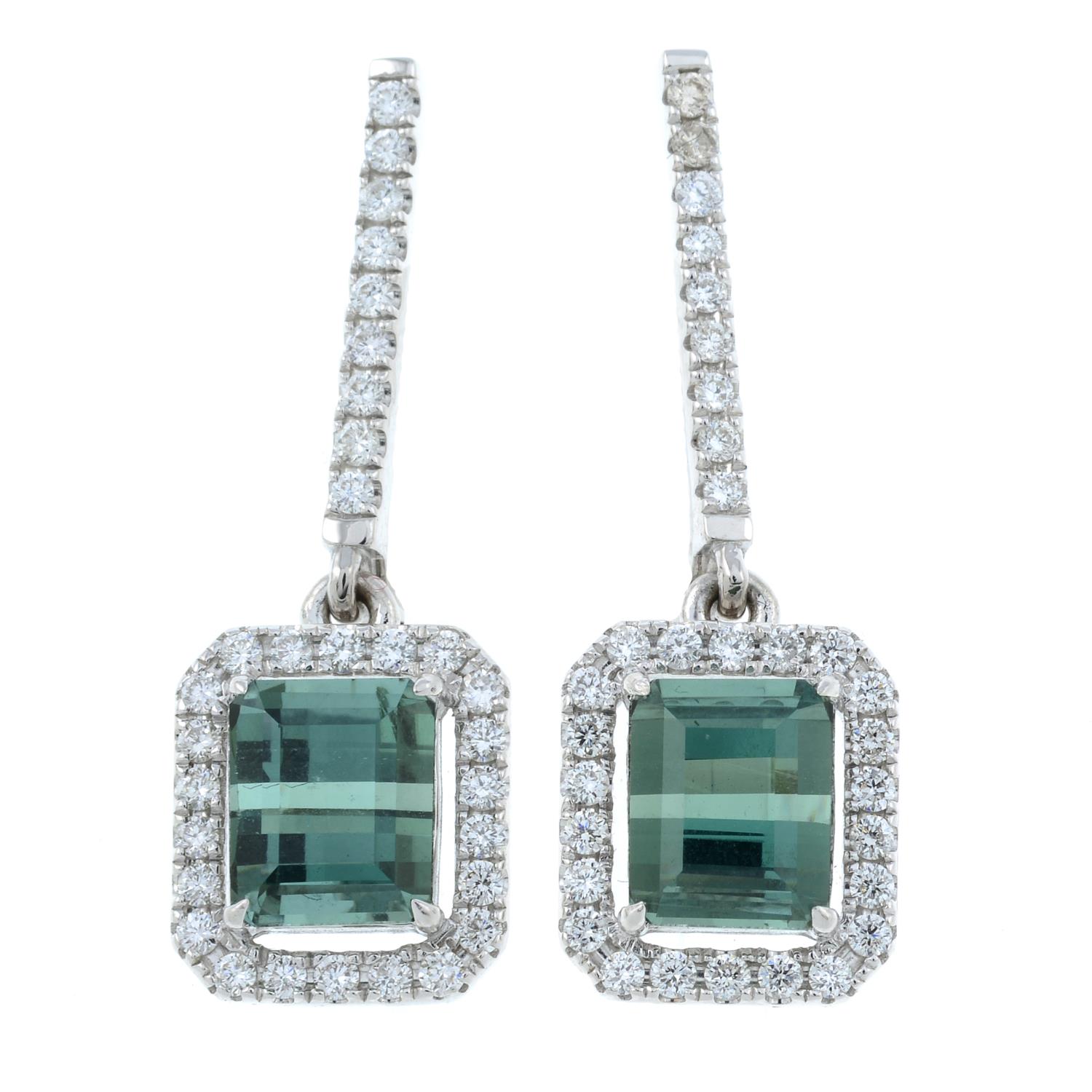 A pair of green tourmaline and diamond drop earrings.Tourmaline calculated total weight 3.91cts, - Image 2 of 3