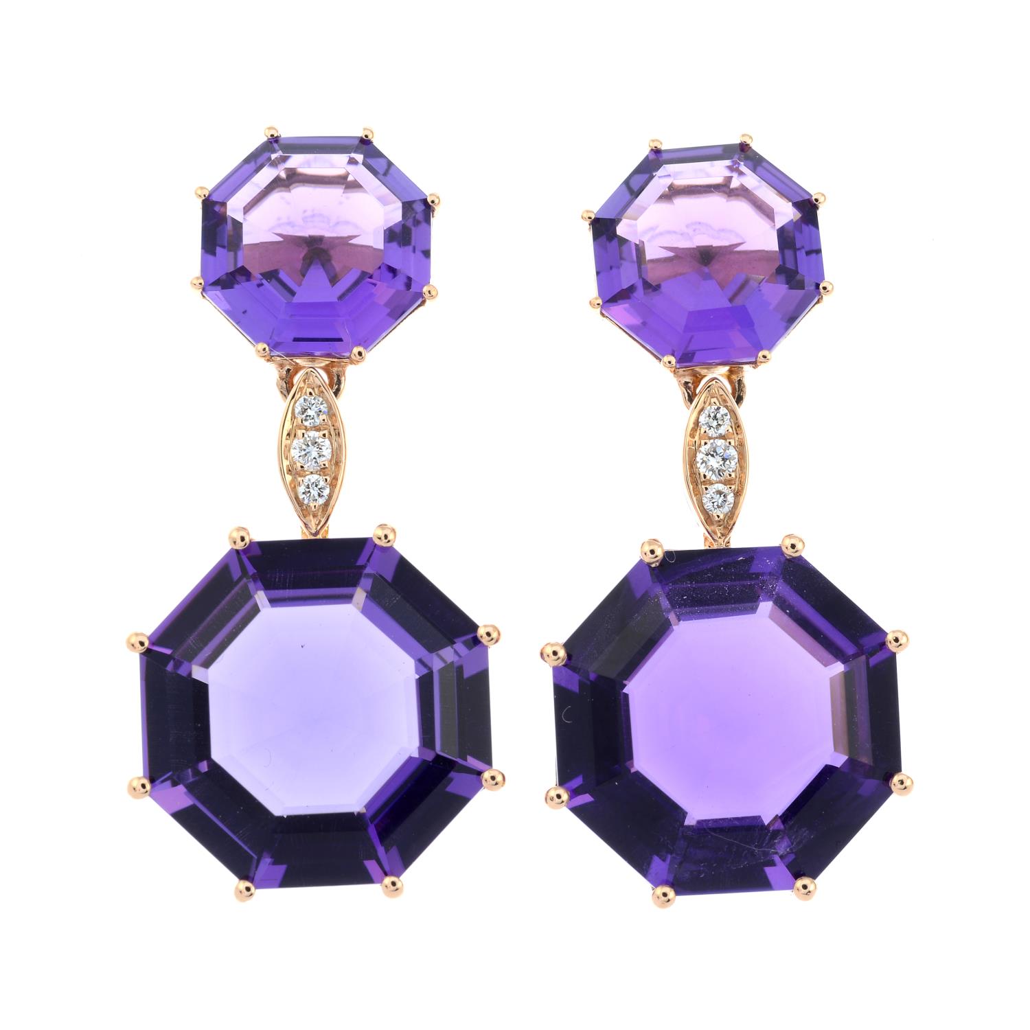 A pair of amethyst and brilliant-cut diamond earrings.Total amethyst weight 12.11cts. - Image 2 of 3