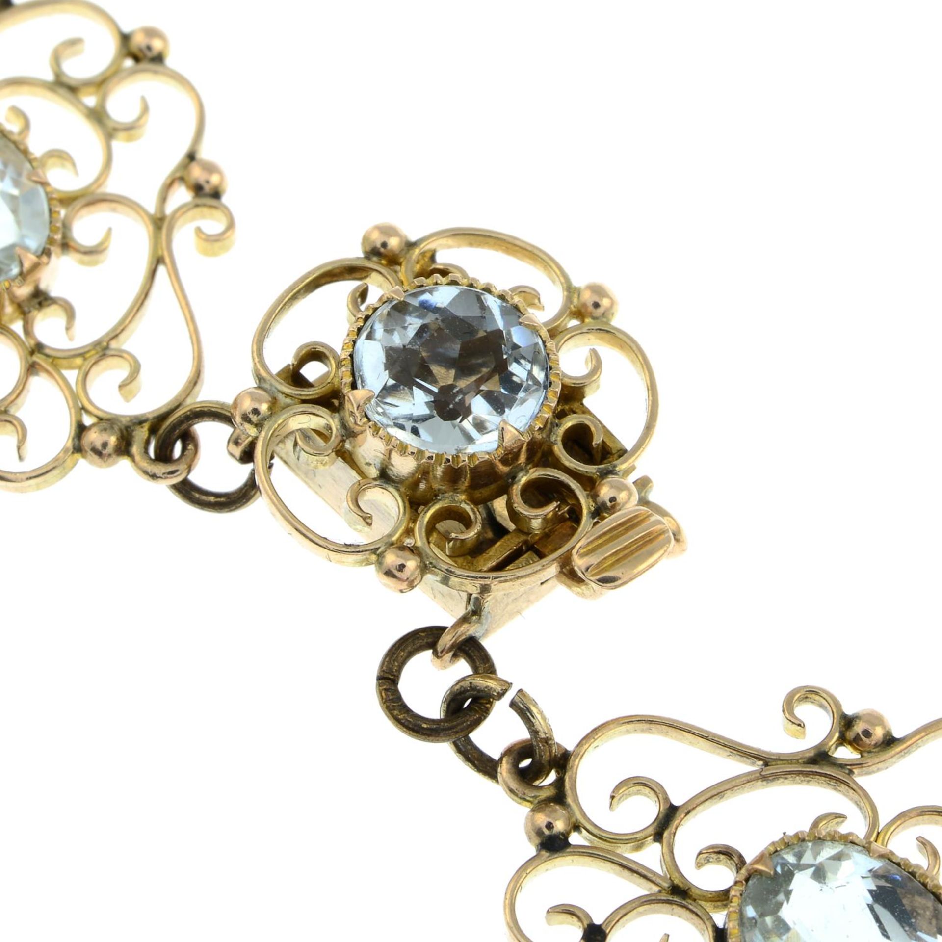 An early 20th century Arts & Crafts gold aquamarine necklace.Length 43.5cms. - Image 5 of 6