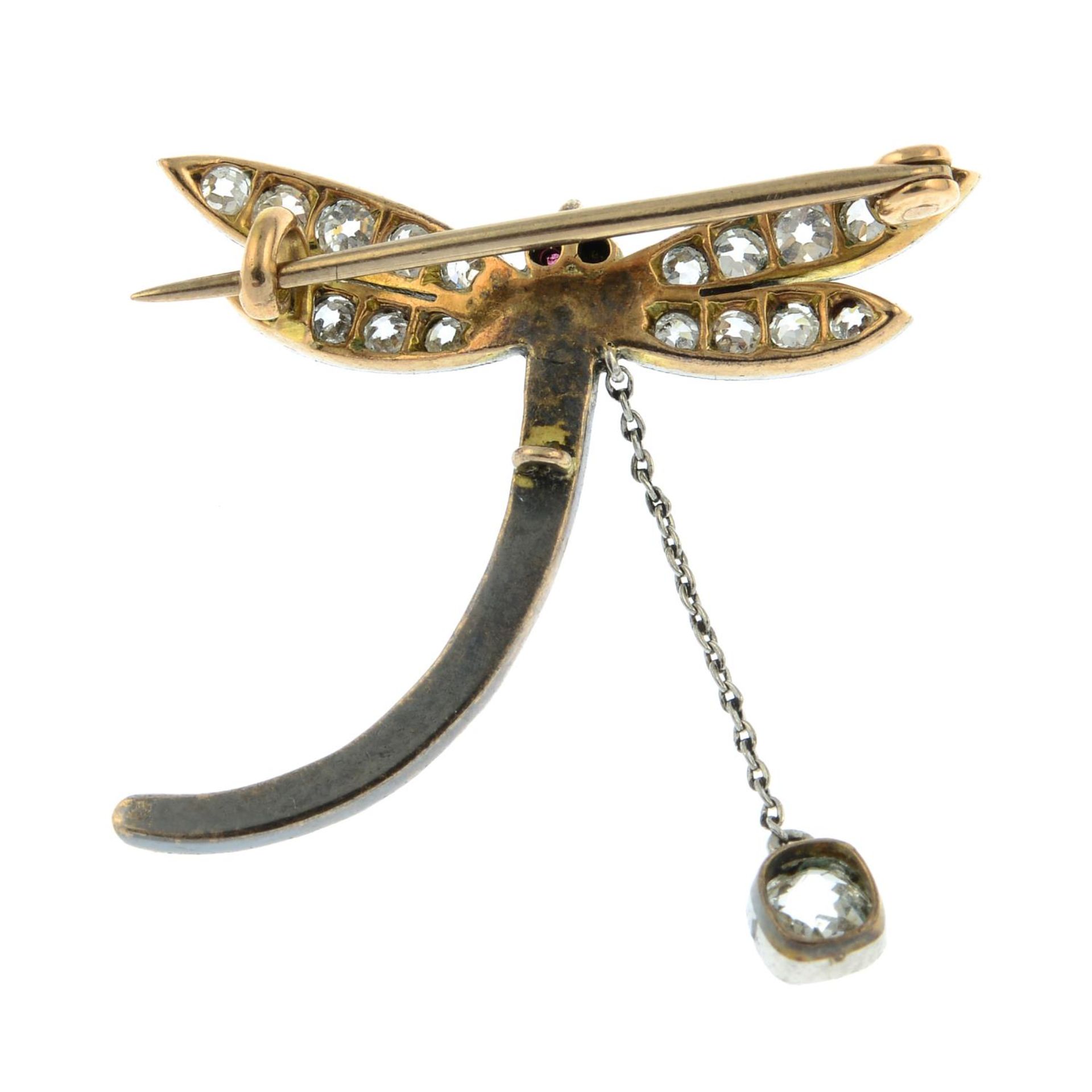 An early 20th century silver and gold, seed pearl, ruby and old-cut diamond dragonfly brooch. - Image 4 of 4