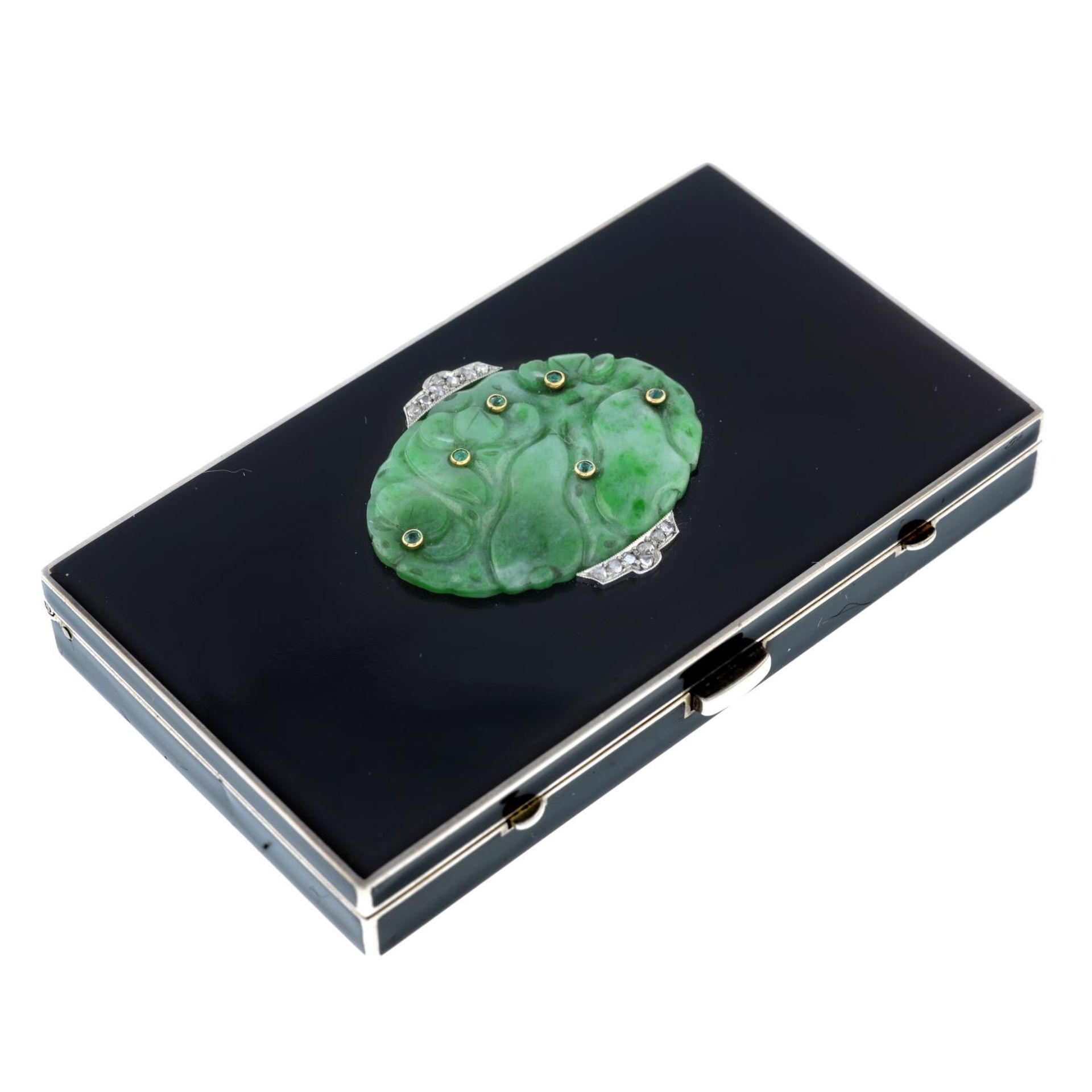 An Art Deco silver, carved jade, emerald, diamond and black enamel vanity case, by Strauss, Allard a - Image 4 of 6