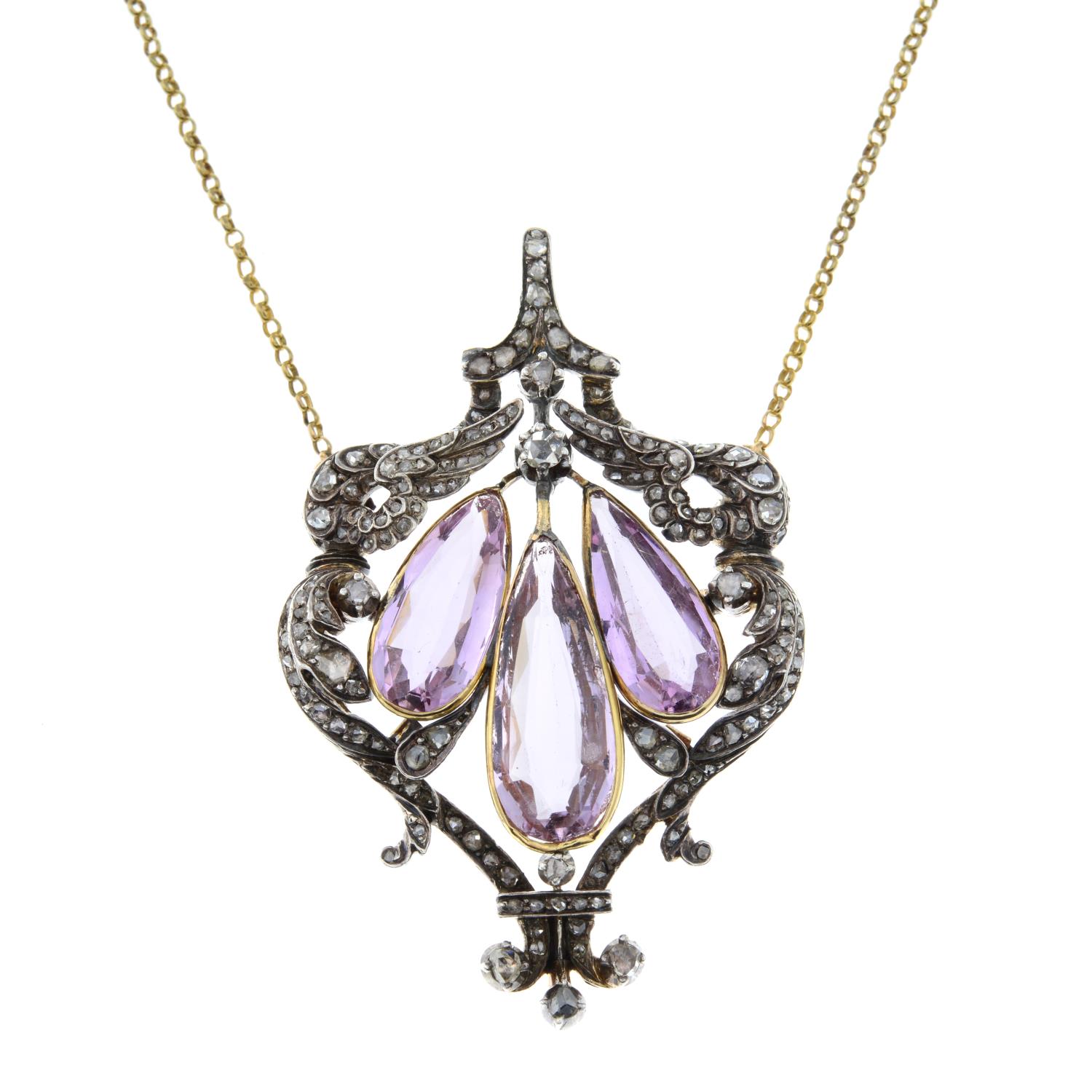 A 19th century silver and gold, pink topaz and diamond pendant, on chain. - Image 2 of 5