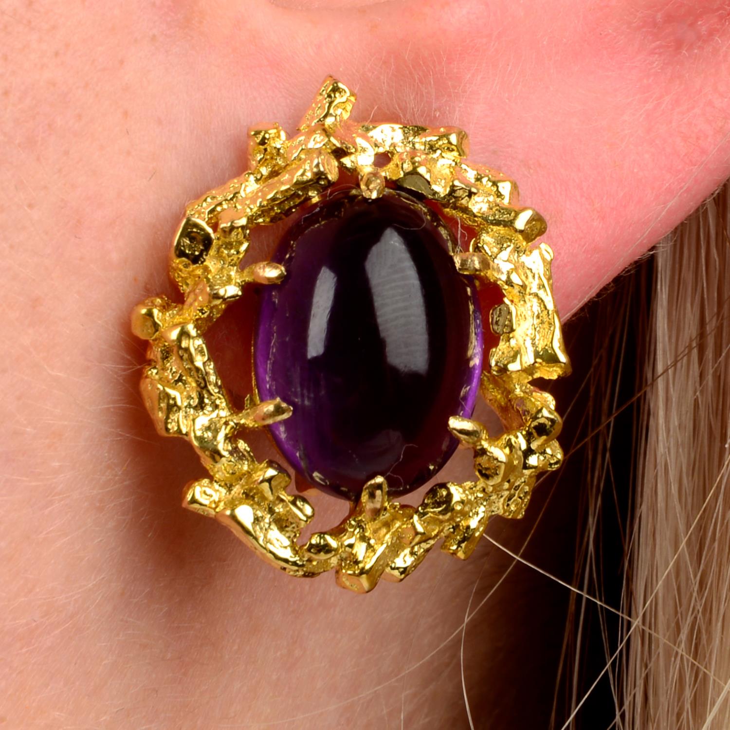 A pair of 9ct gold amethyst cabochon textured abstract earrings.Hallmarks for London, 1971.